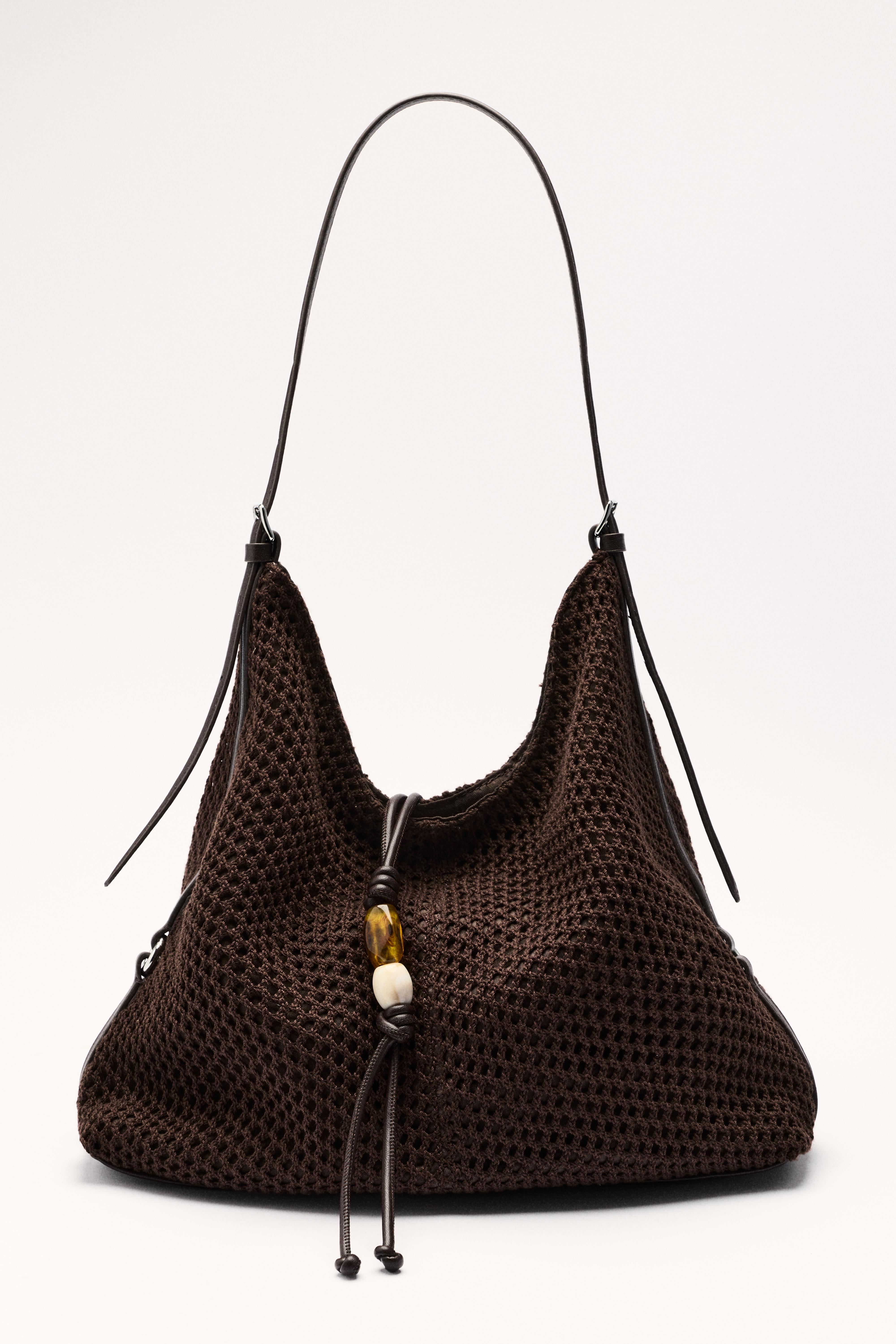 Embellished mesh tote bag — Brown