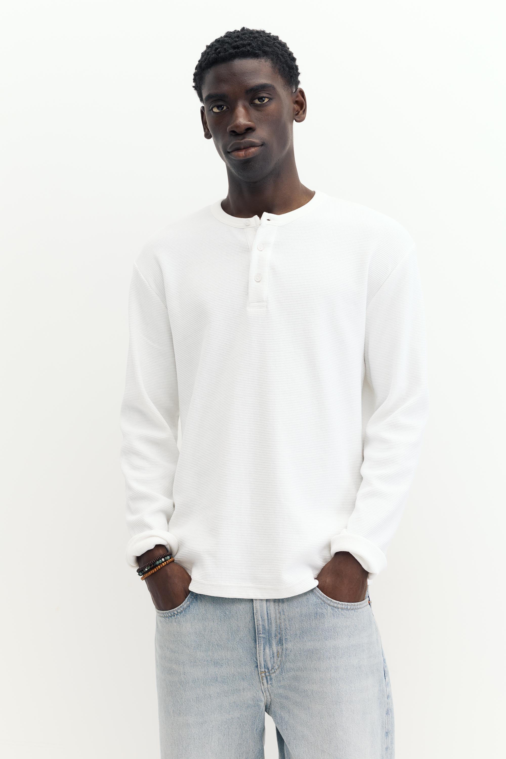 Waffle-knit long sleeve T-shirt — White