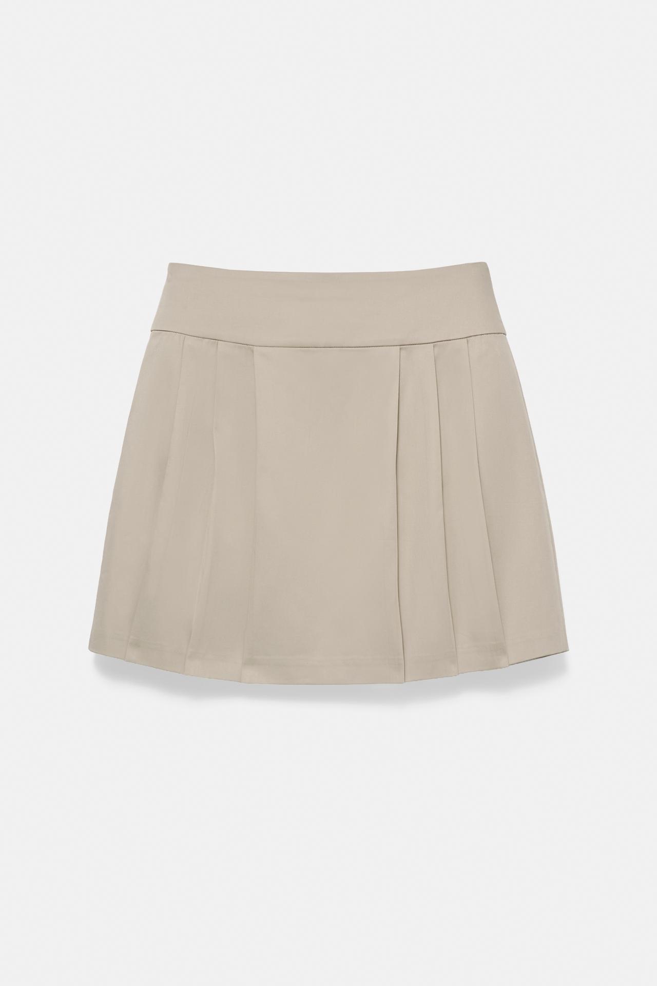 Box pleat mini skirt with buttons — Light camel