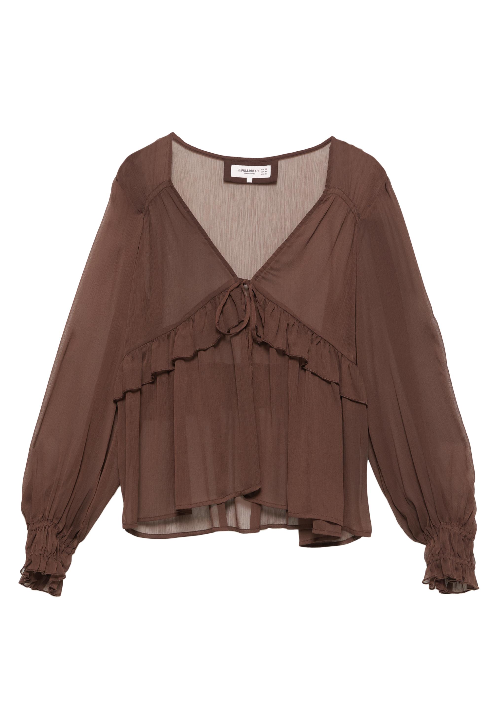 Sheer blouse with ruffle — Brown