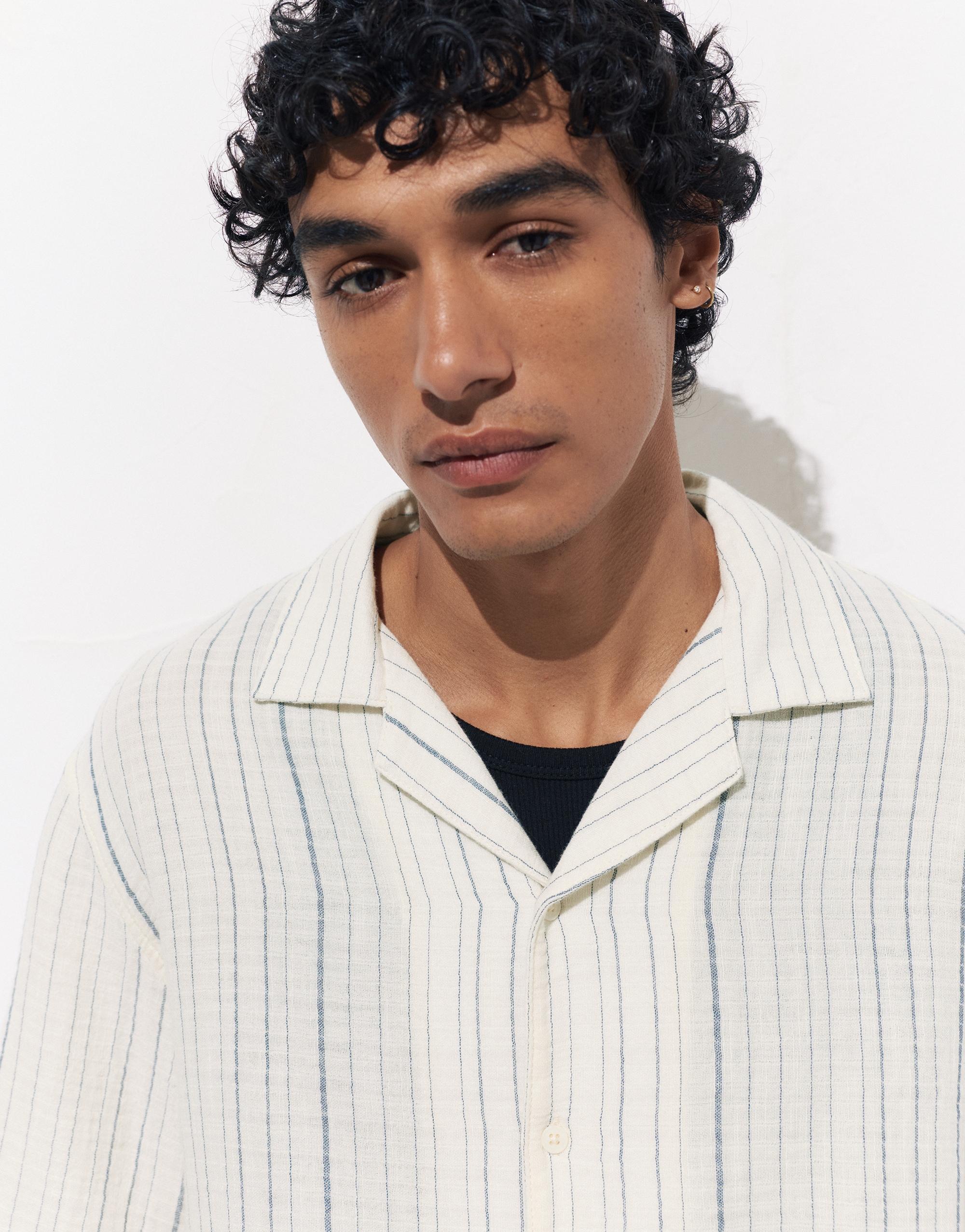 Short sleeve striped crepe shirt — White/Navy