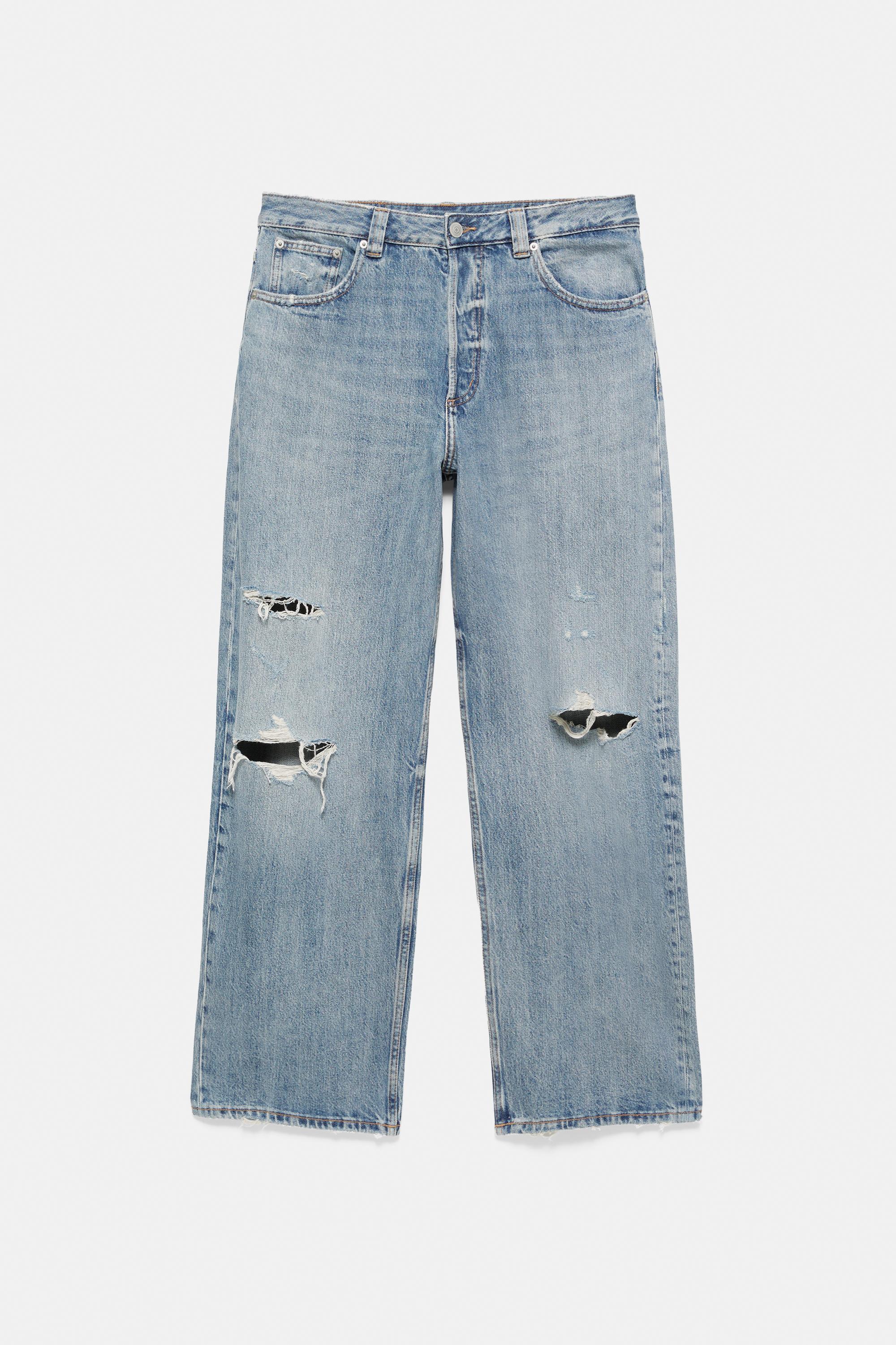 Ripped straight-leg jeans — Medium blue