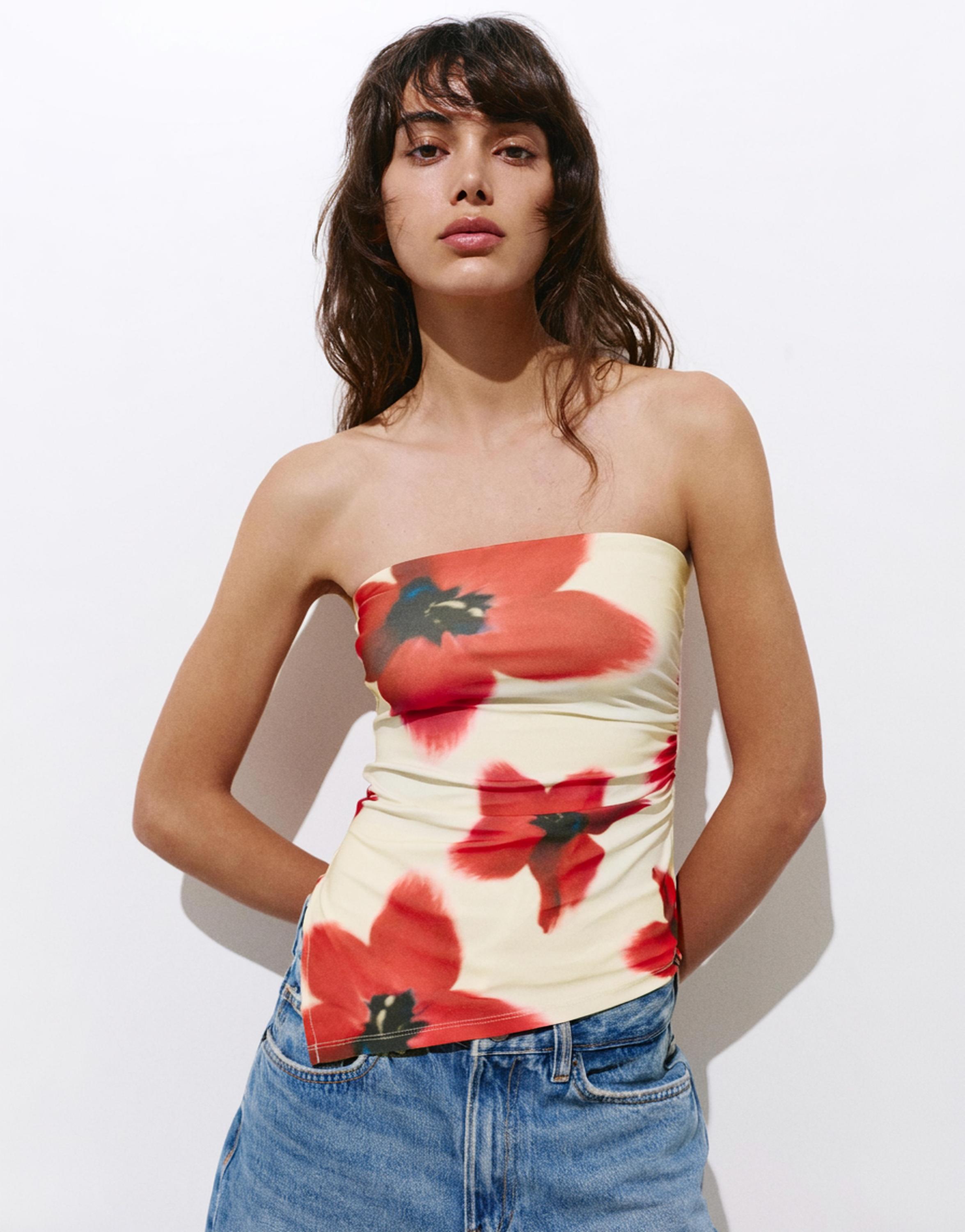 Floral bandeau top — Ecru/Red