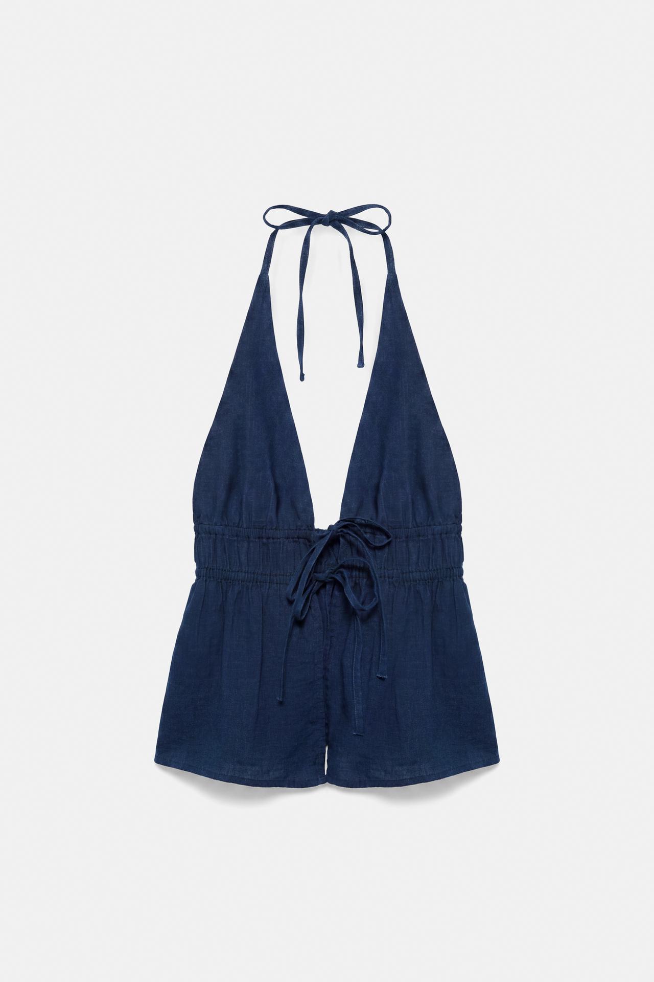 Elasticated denim halter top — Dark blue