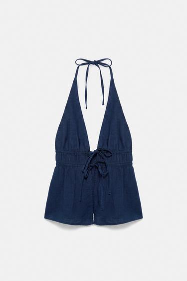 Elasticated denim halter top — Dark blue 6