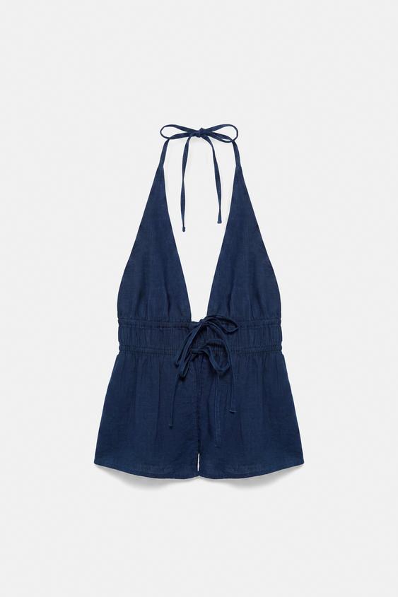 Lastikli denim halter top
