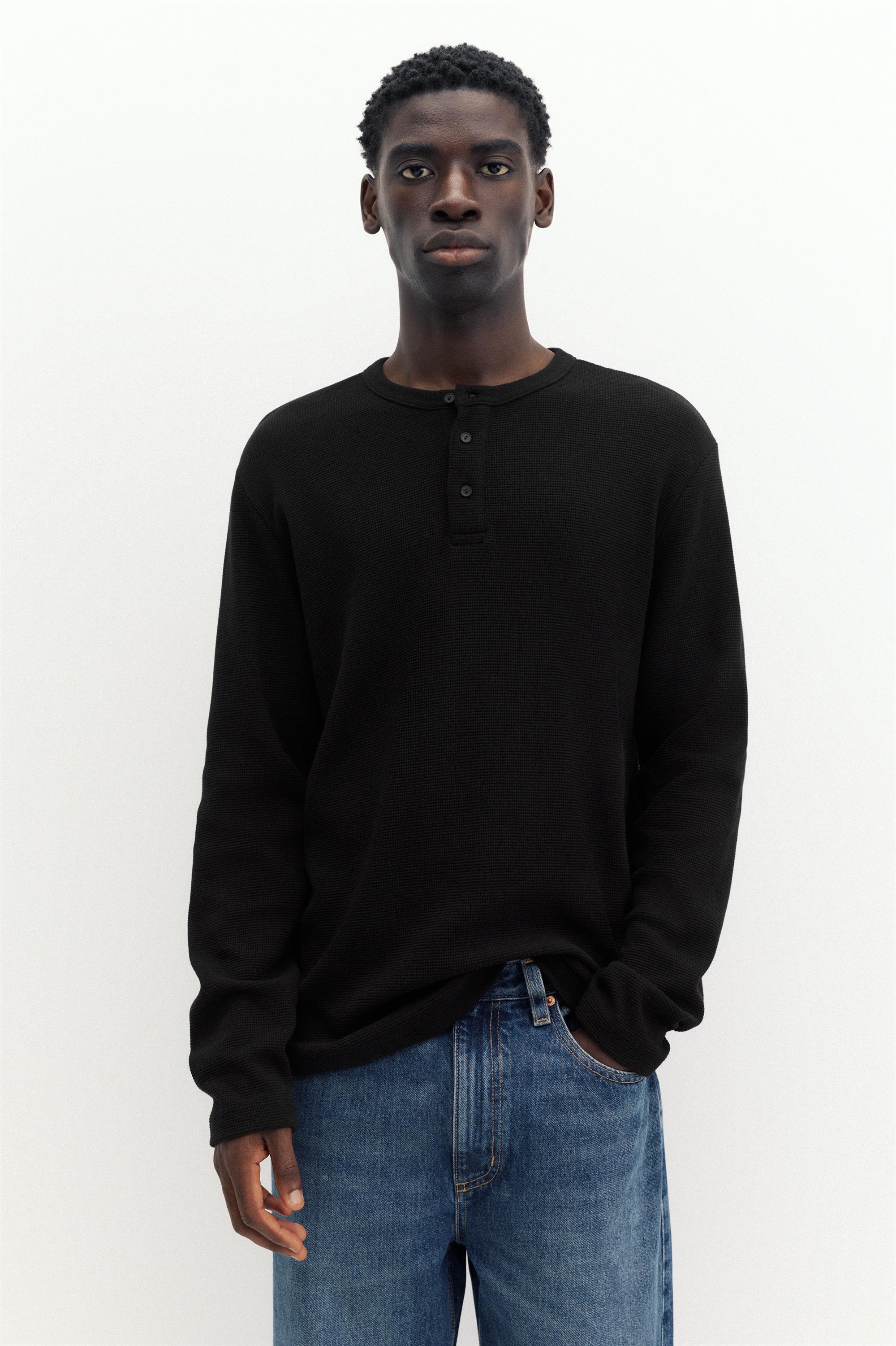 Waffle-knit long sleeve T-shirt — Black