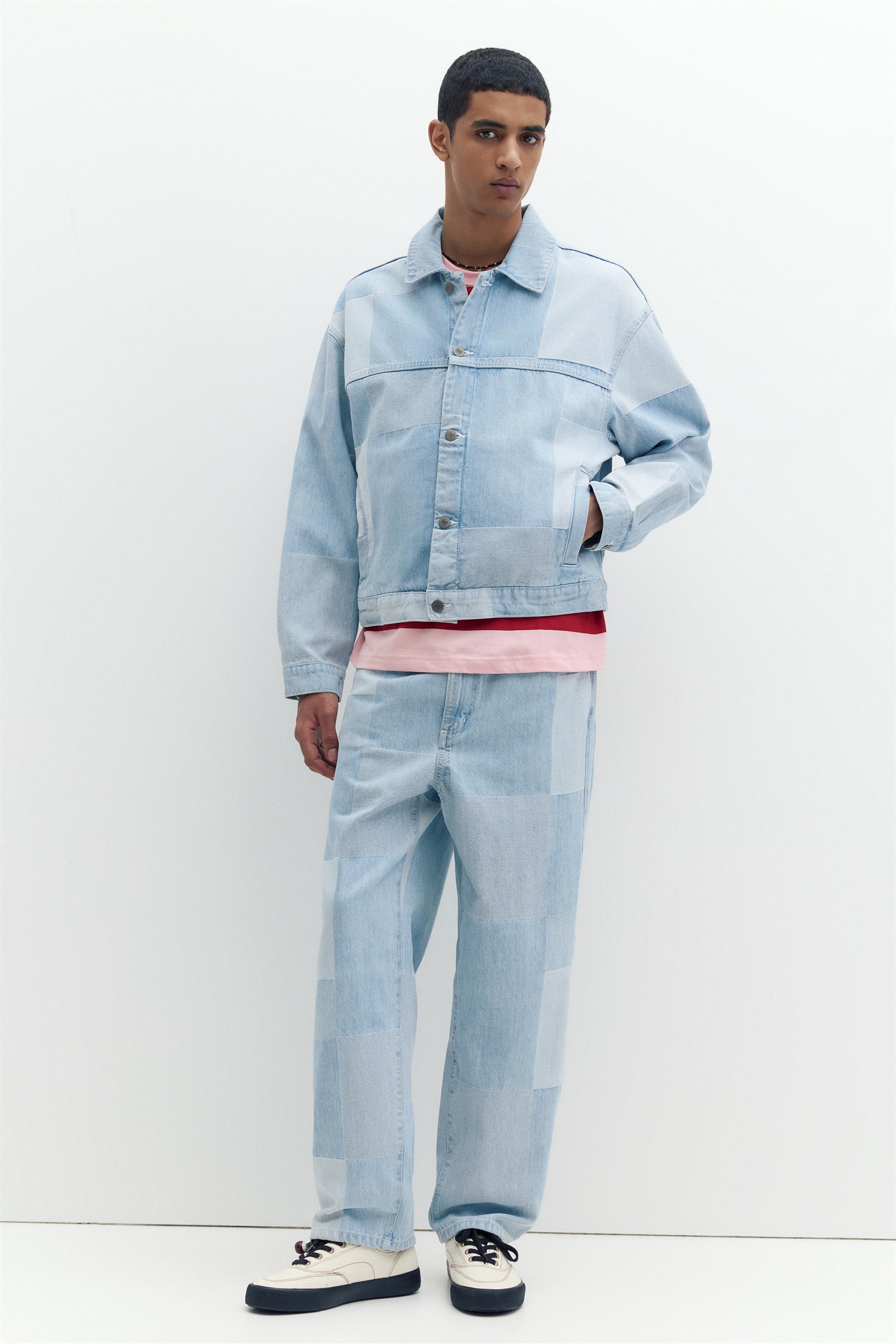 Baggy patchwork check jeans — Pale indigo
