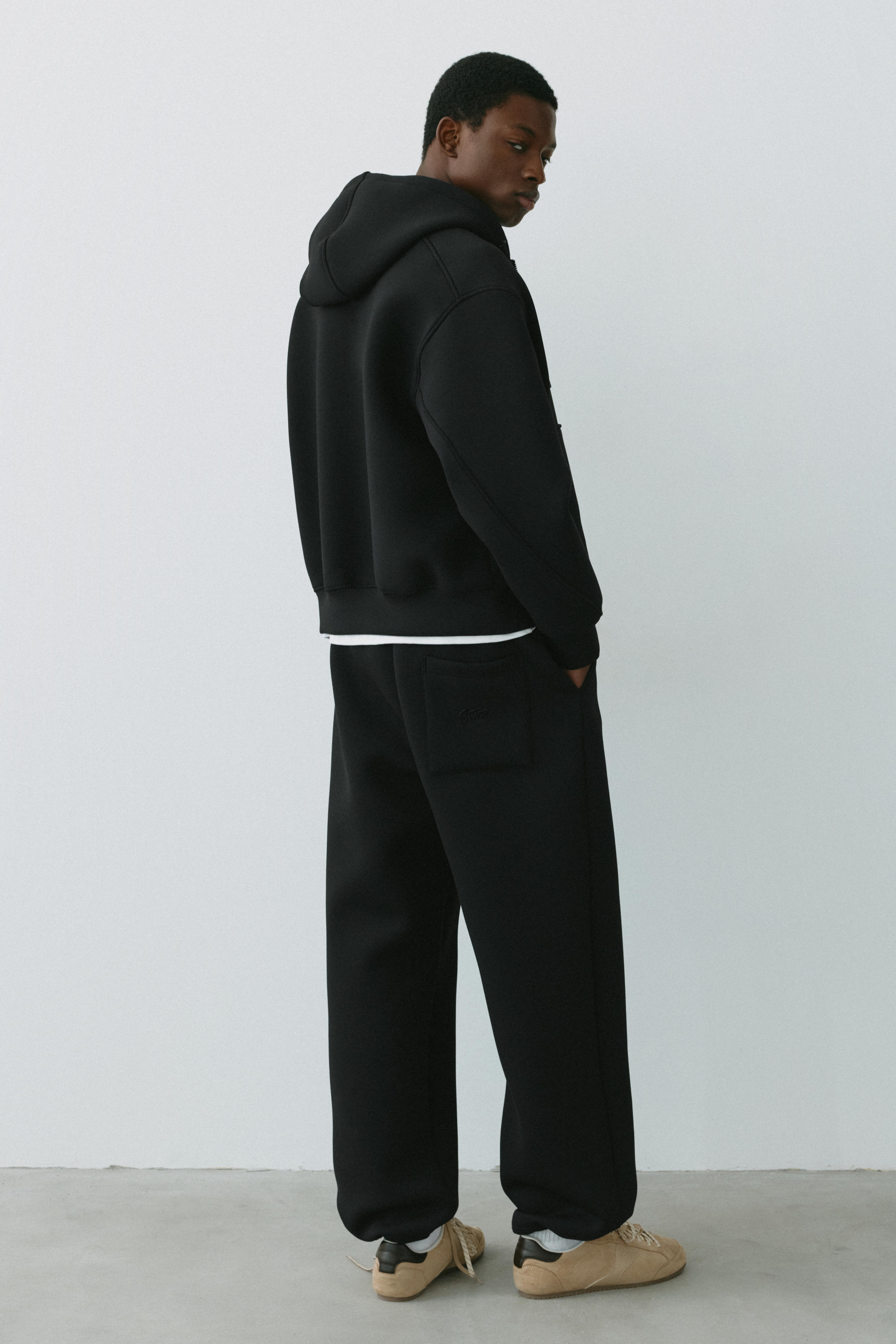 Neoprene-effect zip-up hoodie — Black