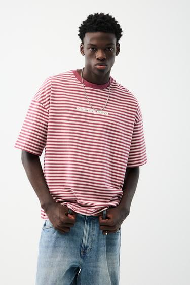 Striped T-shirt with text — Burgundy 1