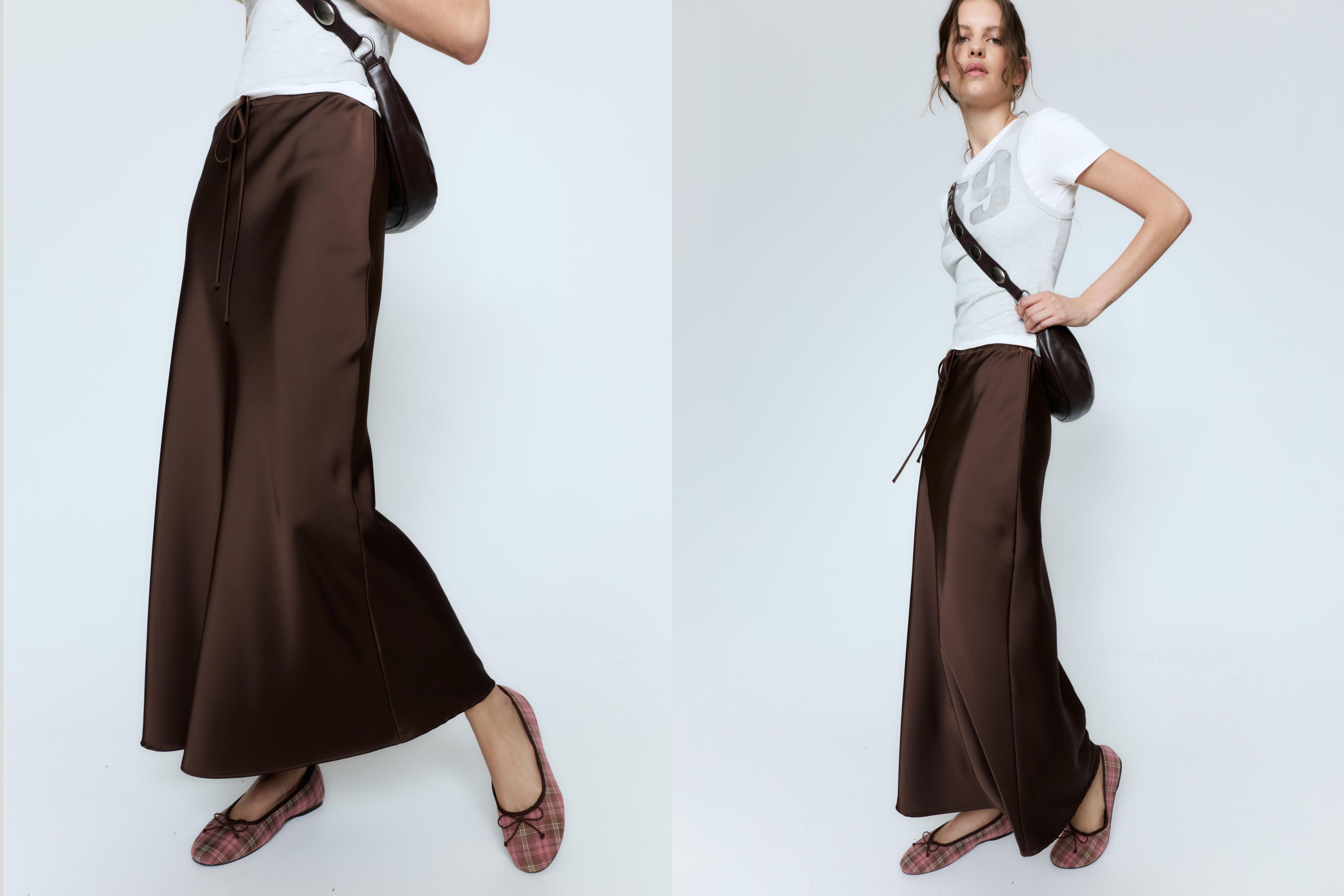 Satin drawstring midi skirt — Dark brown