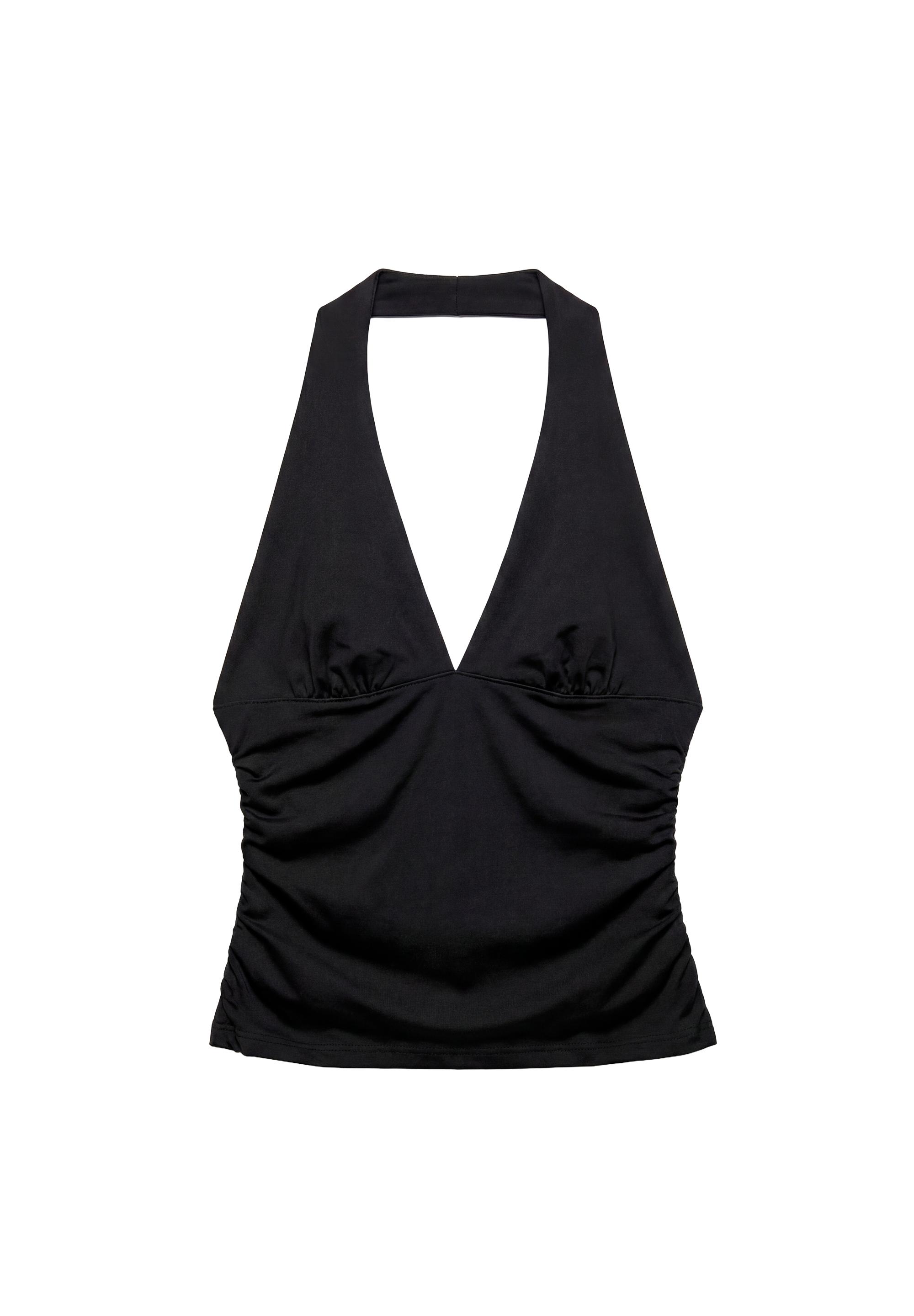 Halter neck top with gathering — Black