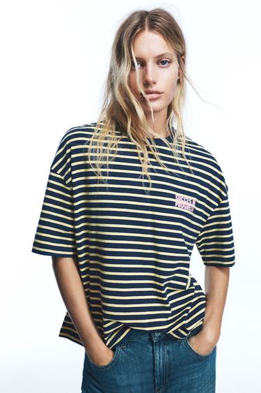 Striped text T-shirt — Navy 1