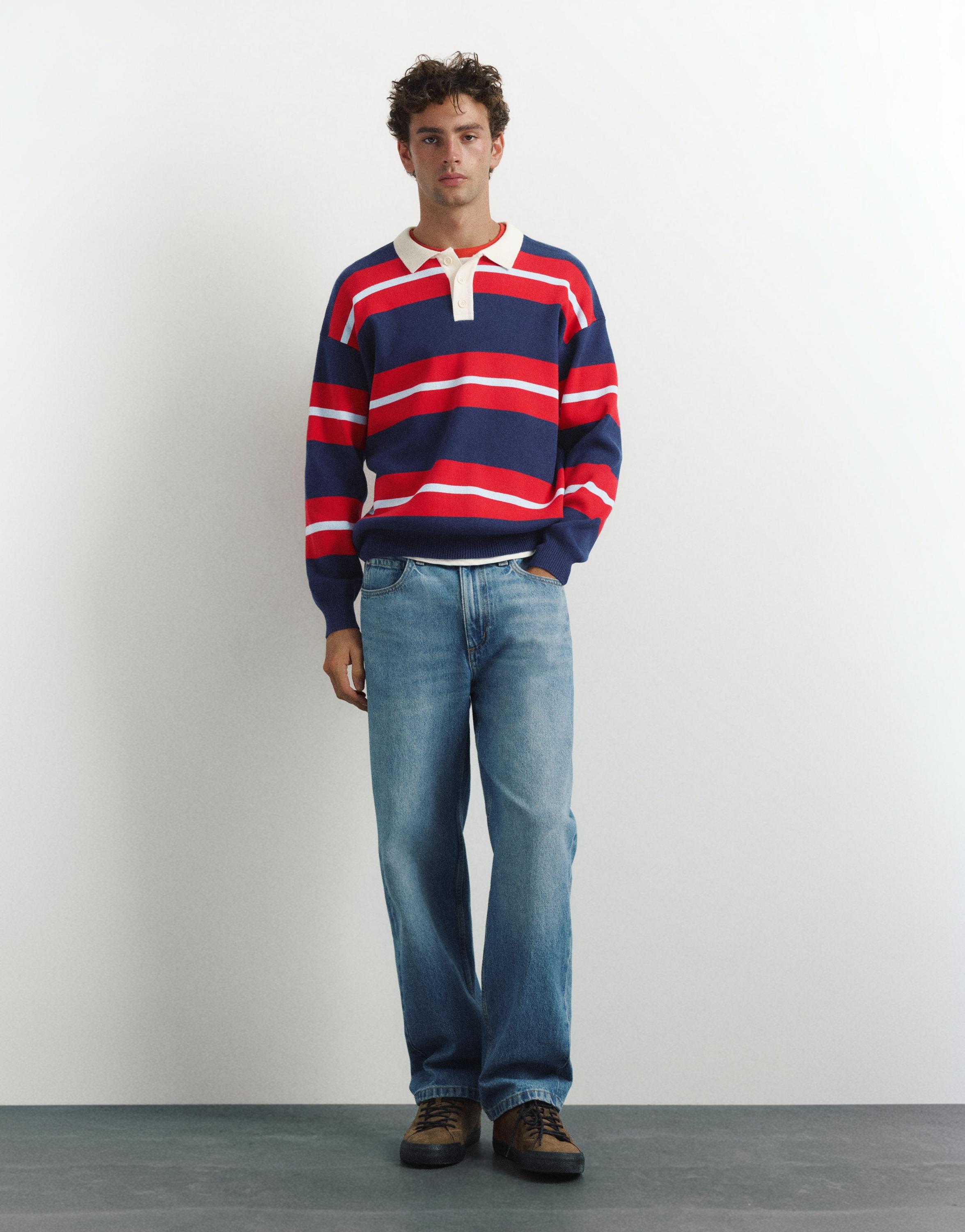 Striped knit polo shirt — Navy