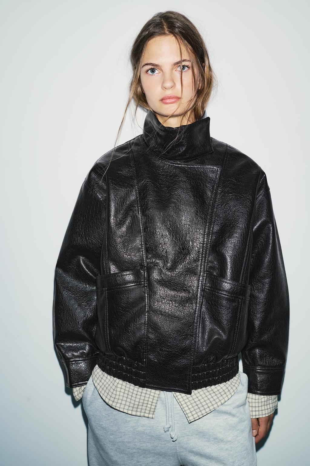 Leather effect high neck jacket