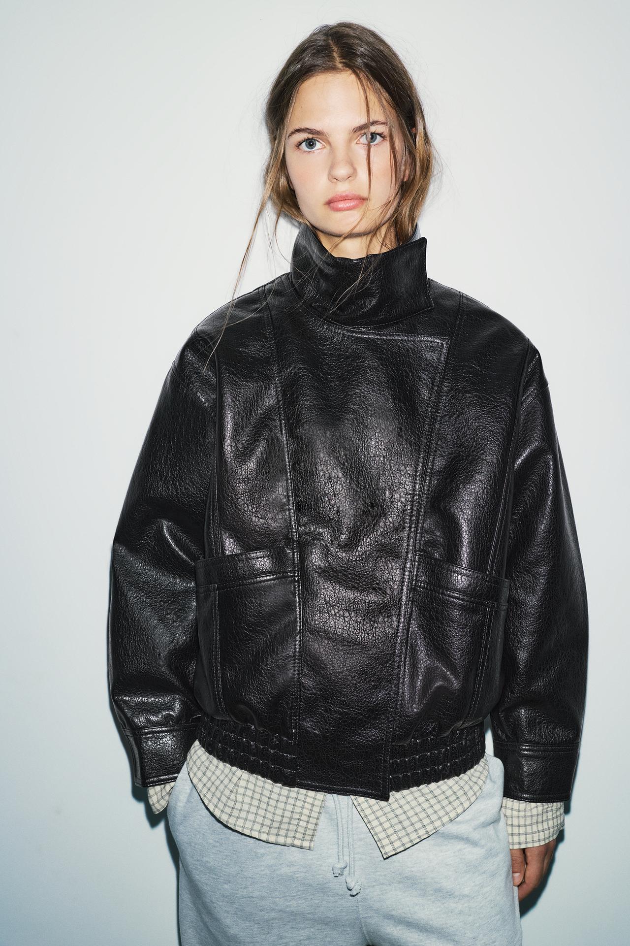 Leather effect high neck jacket — Black