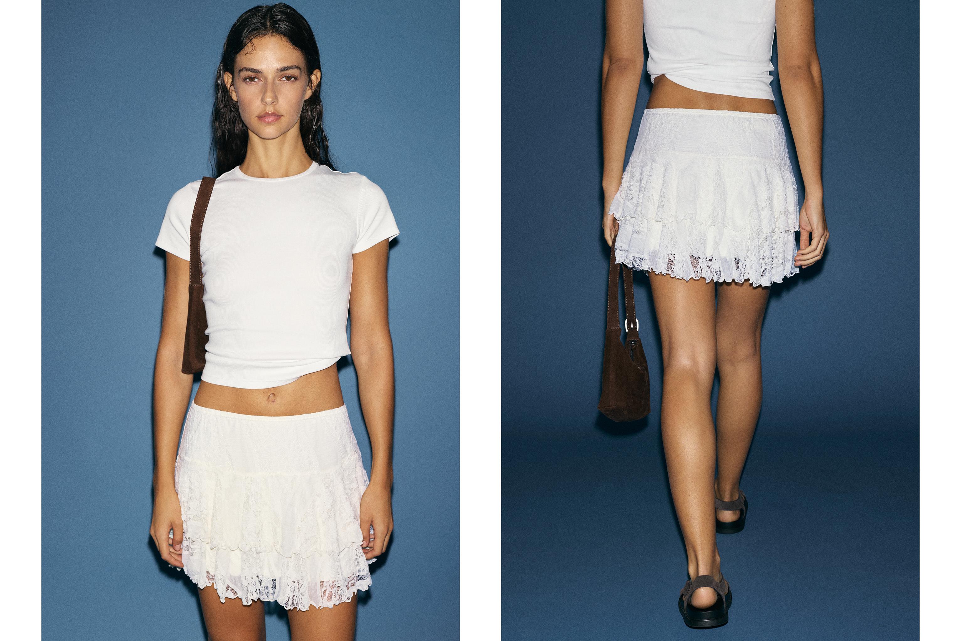 White lace ruffle mini skirt — Ecru