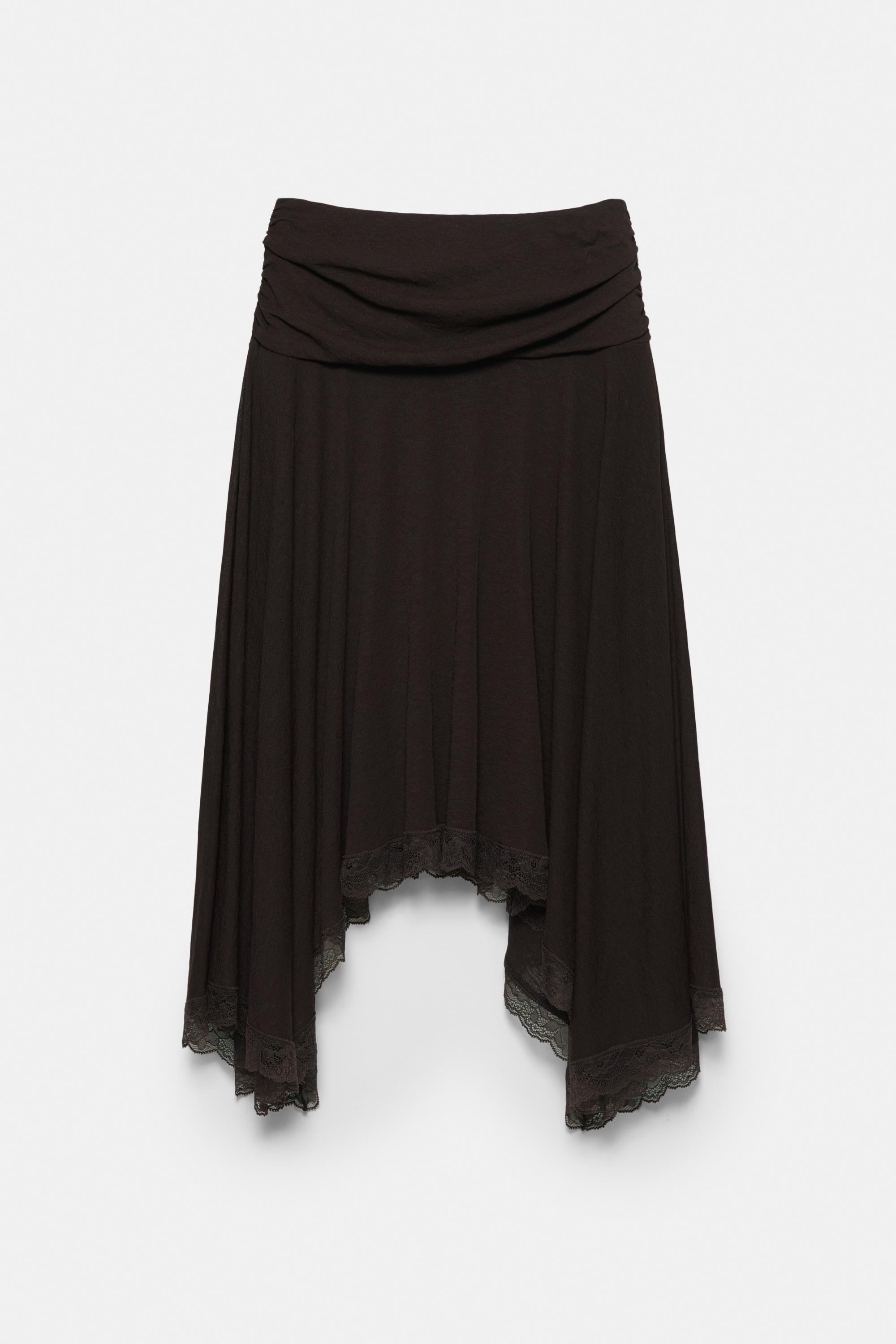Asymmetric lace midi skirt