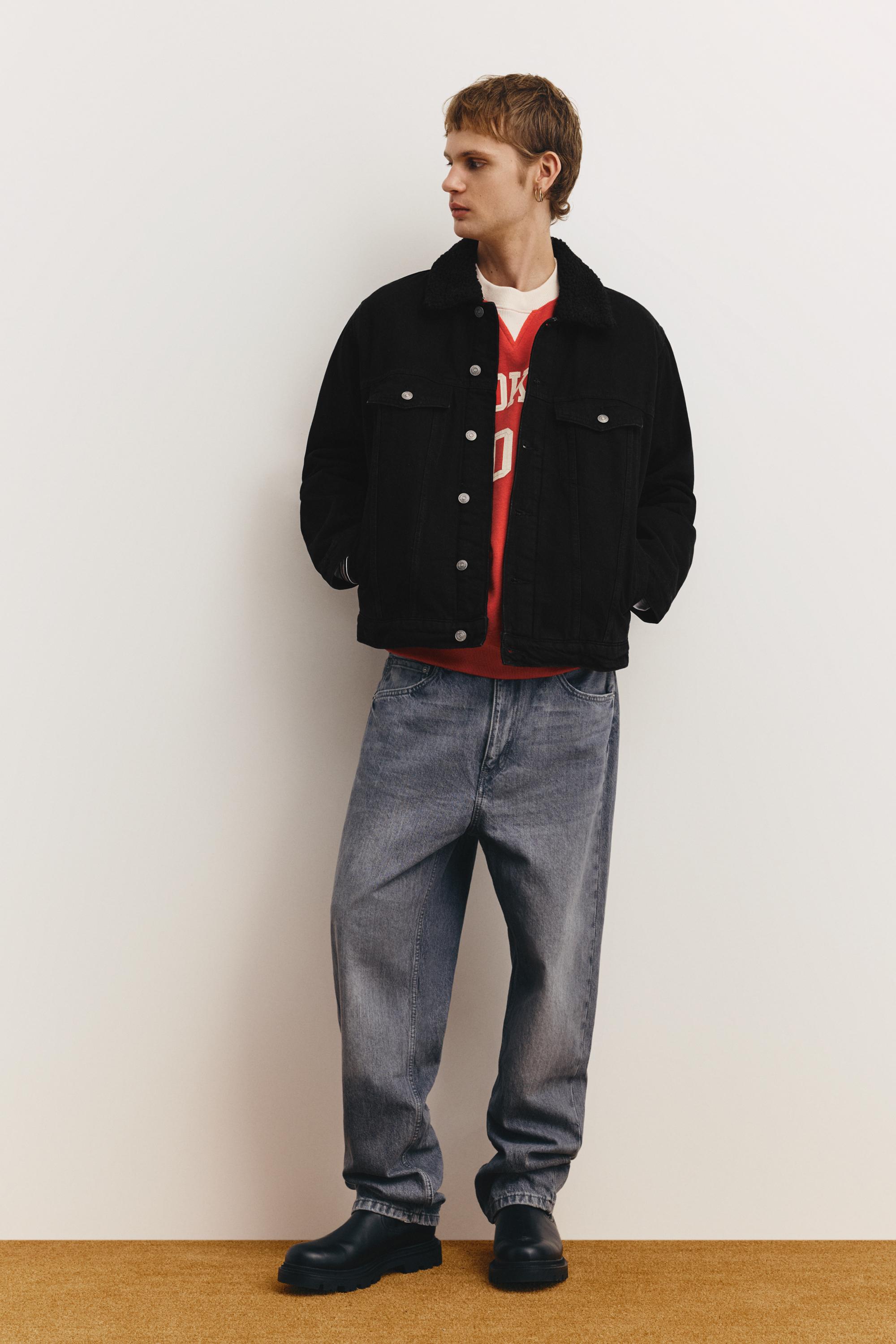 Denim jacket with faux shearling collar — Faded black