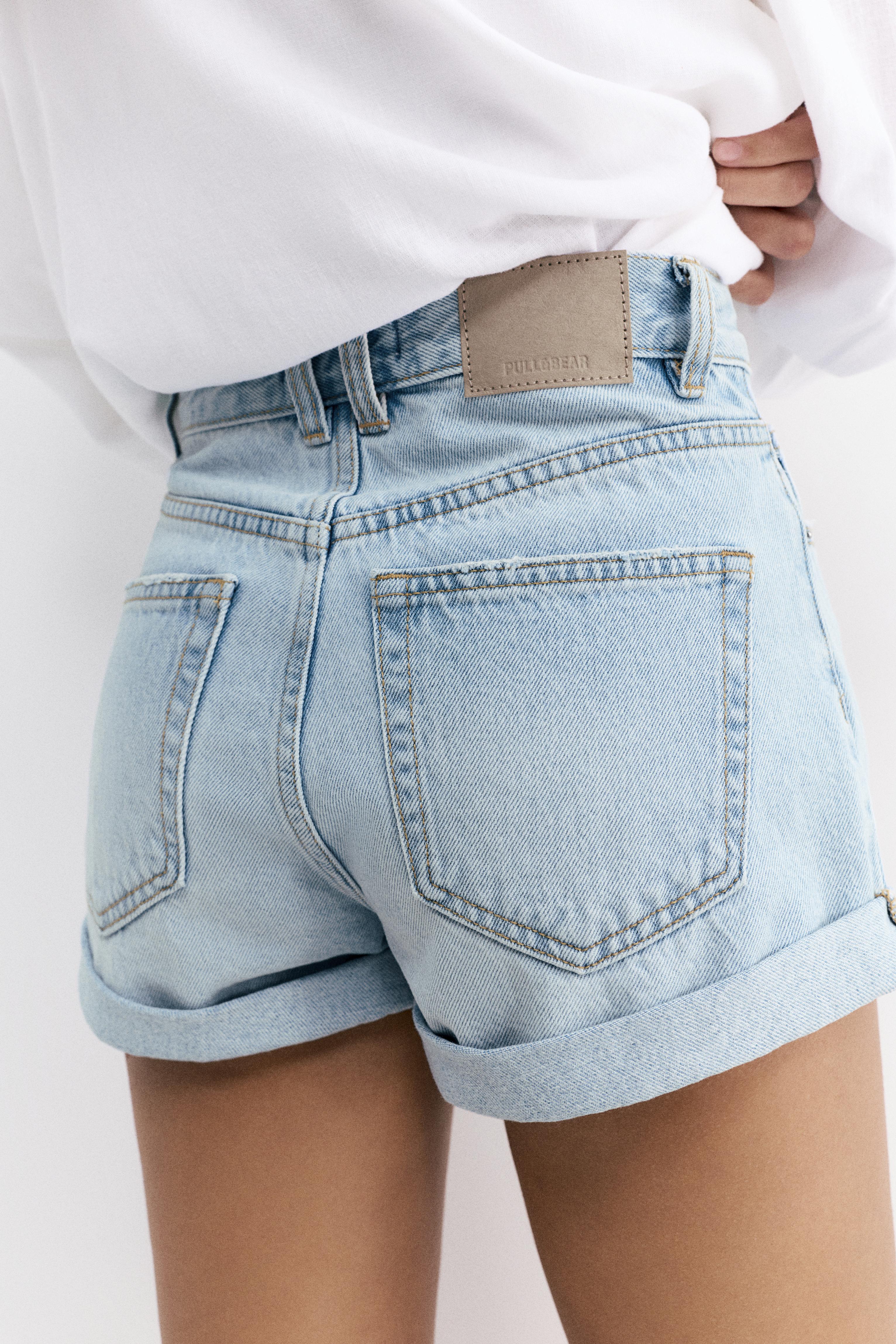 Denim turn-up mom shorts — Pale blue