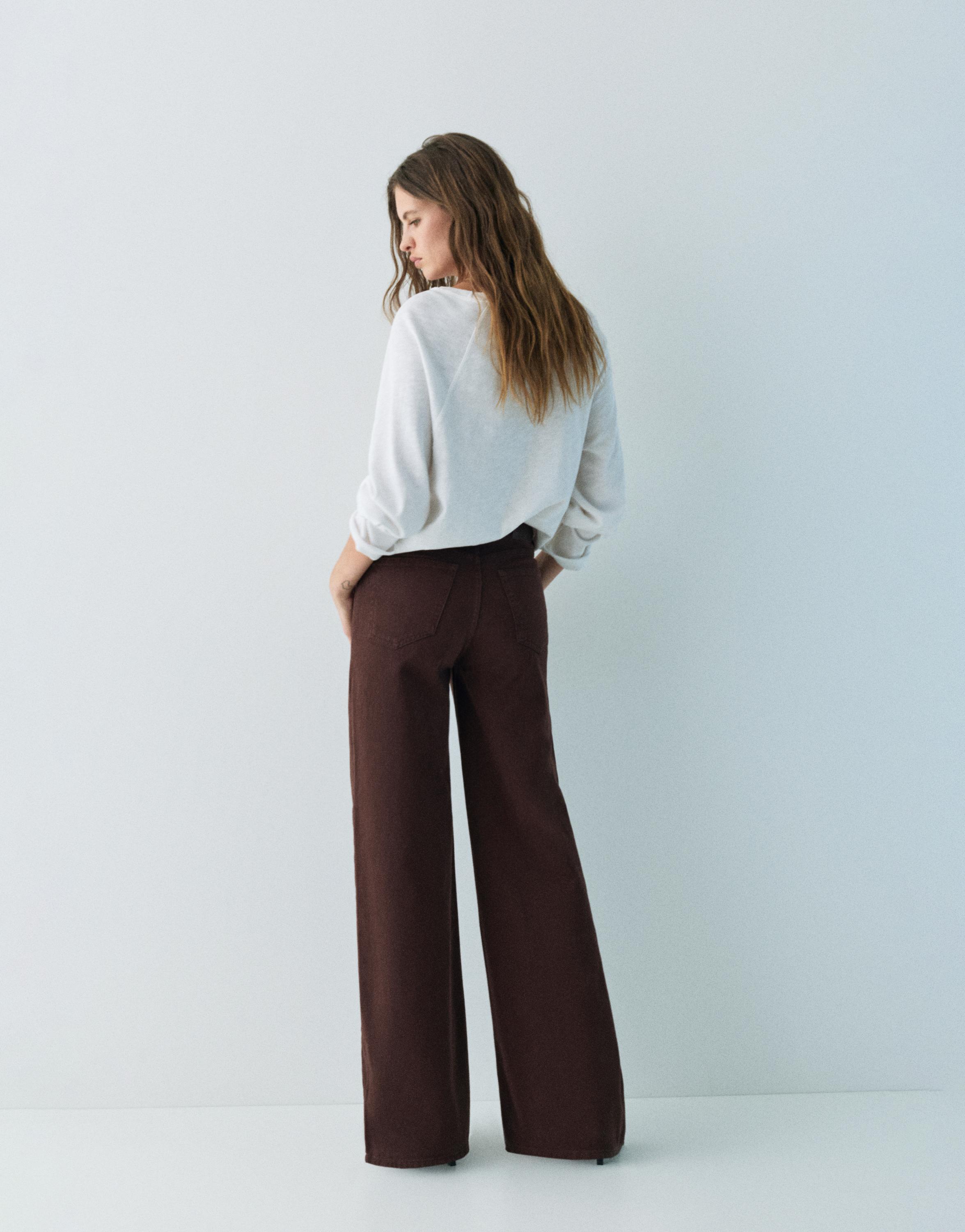 Wide leg jeans with crossover waistband — Brown