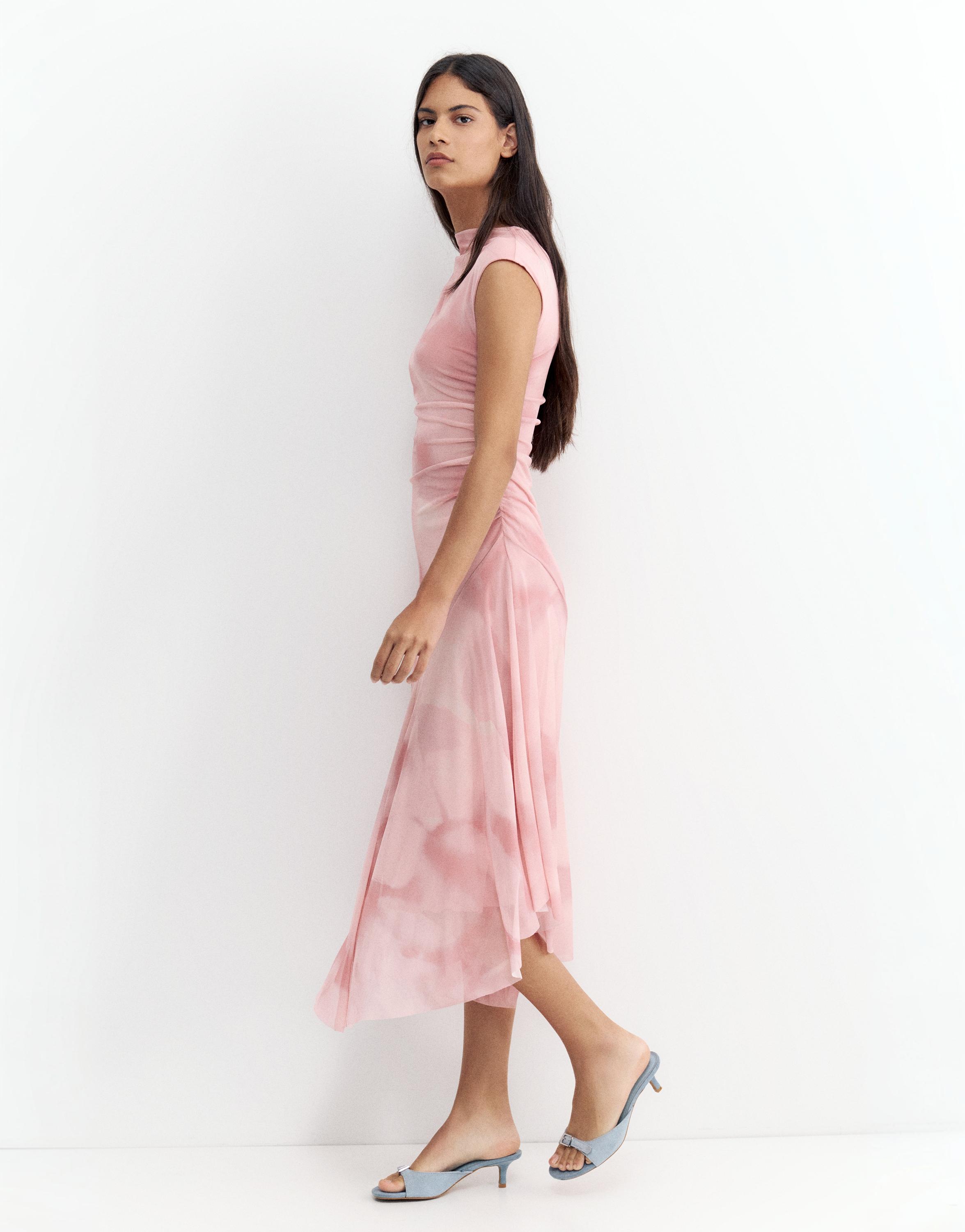 Asymmetric tulle midi dress — Dusty pink