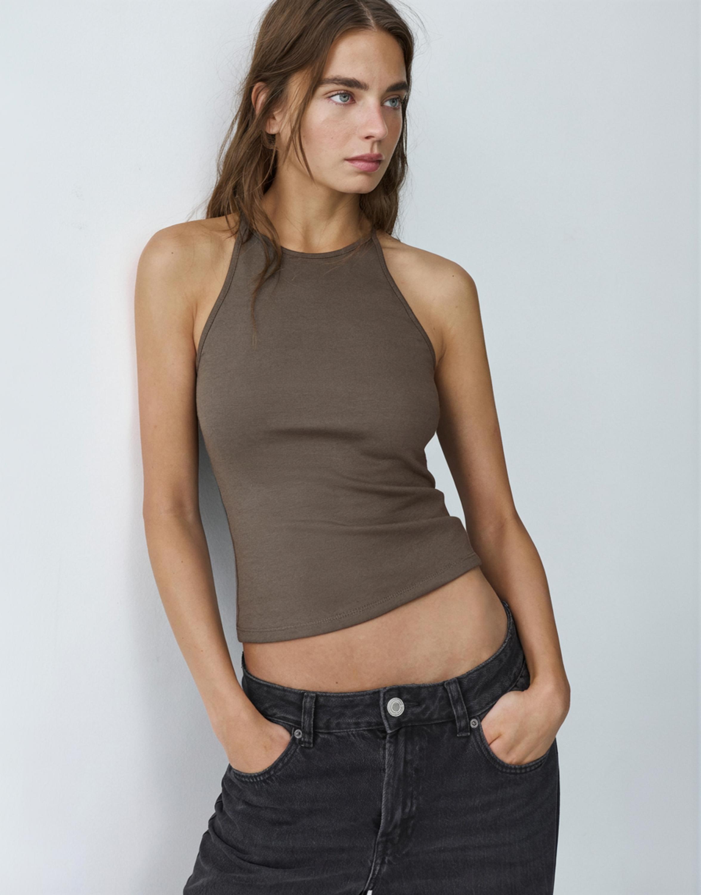 Halter-neck strappy back top — Mink