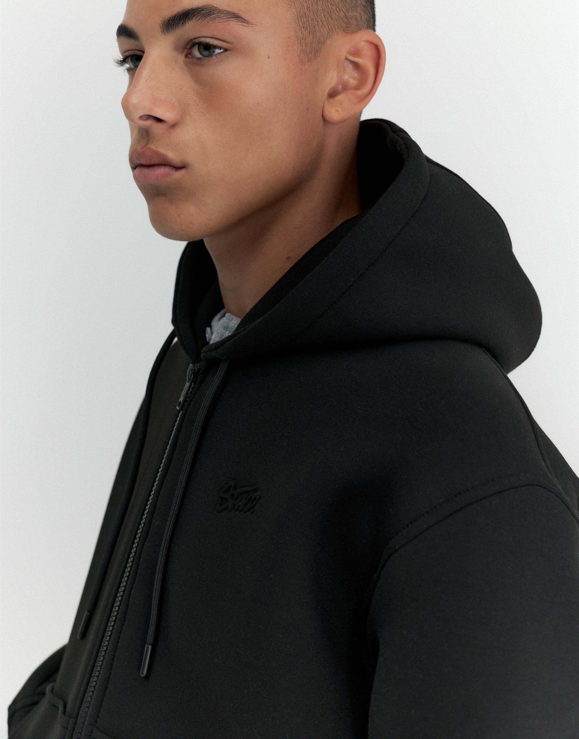Neoprene-effect zip-up hoodie — Black