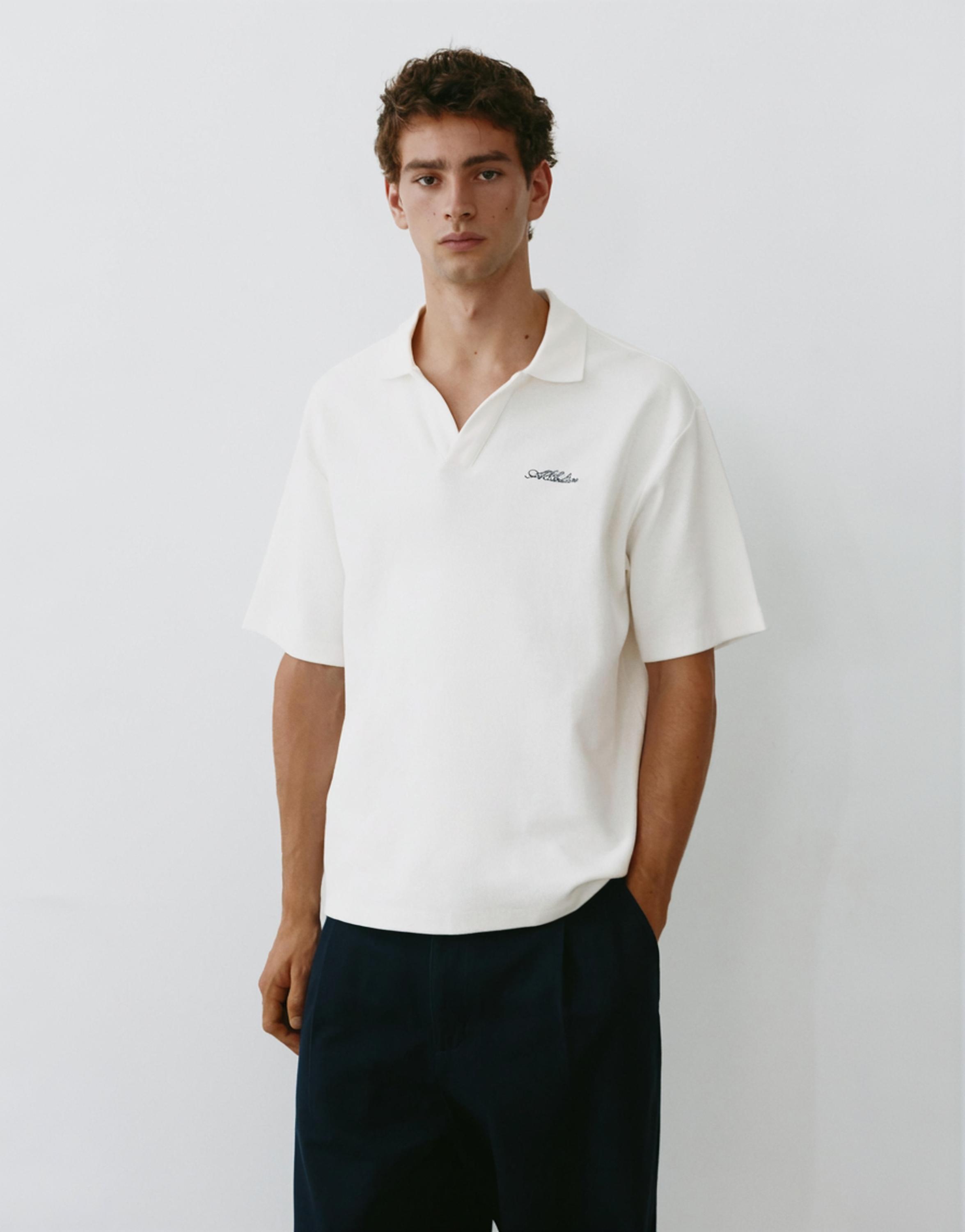 Short sleeve waffle-knit polo shirt — Off white