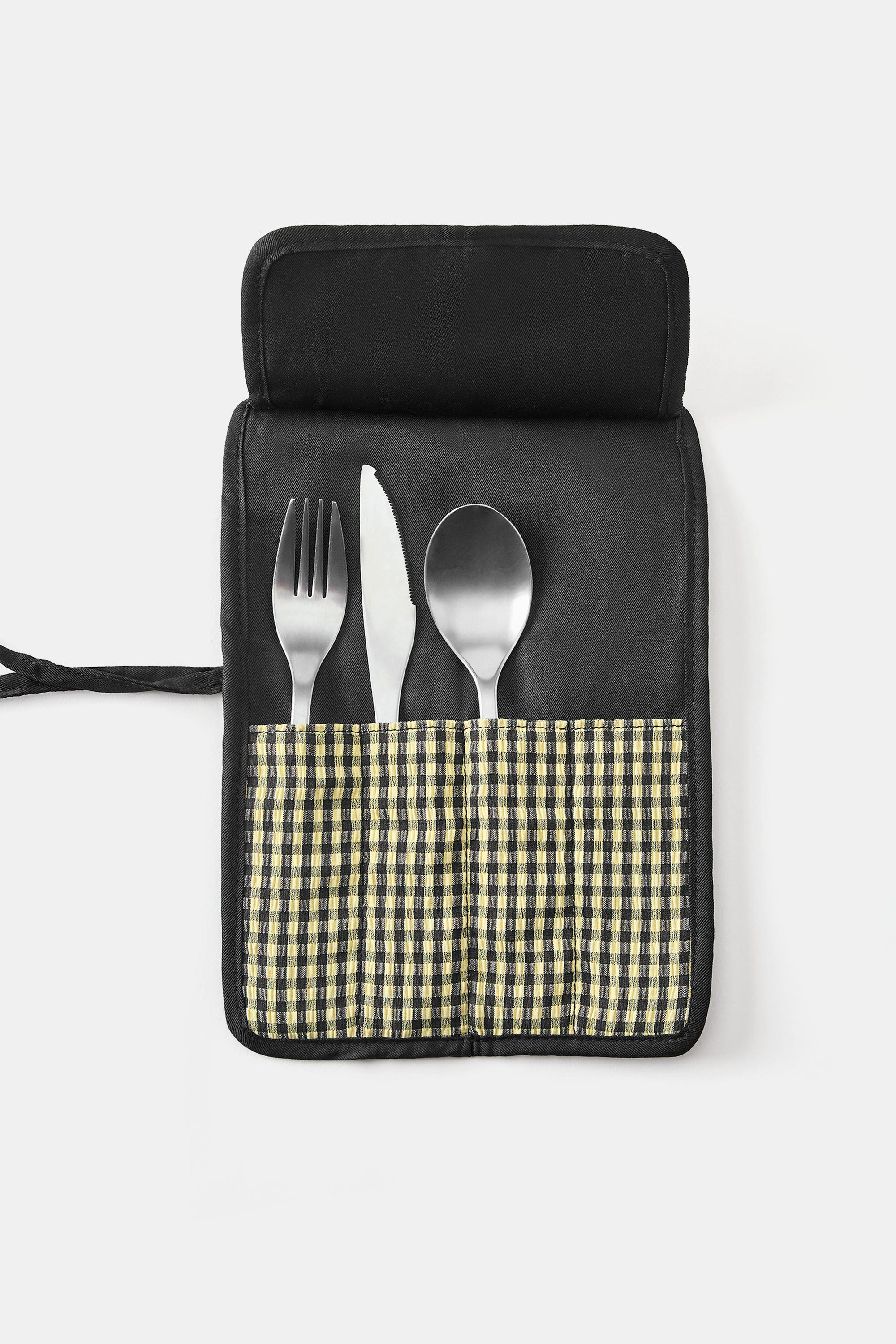Gingham cutlery roll — Black