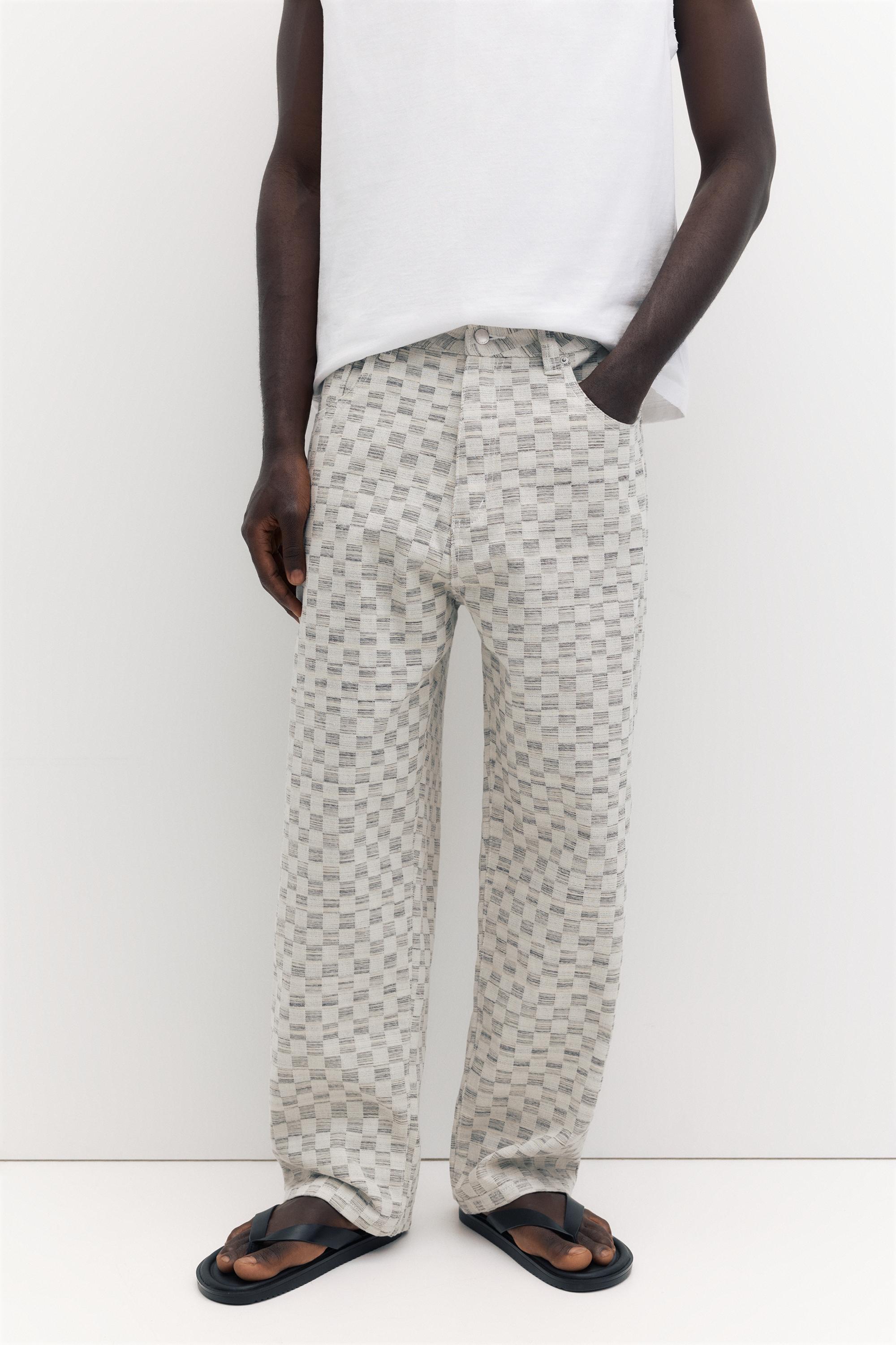 Checked baggy relaxed fit trousers — Ecru