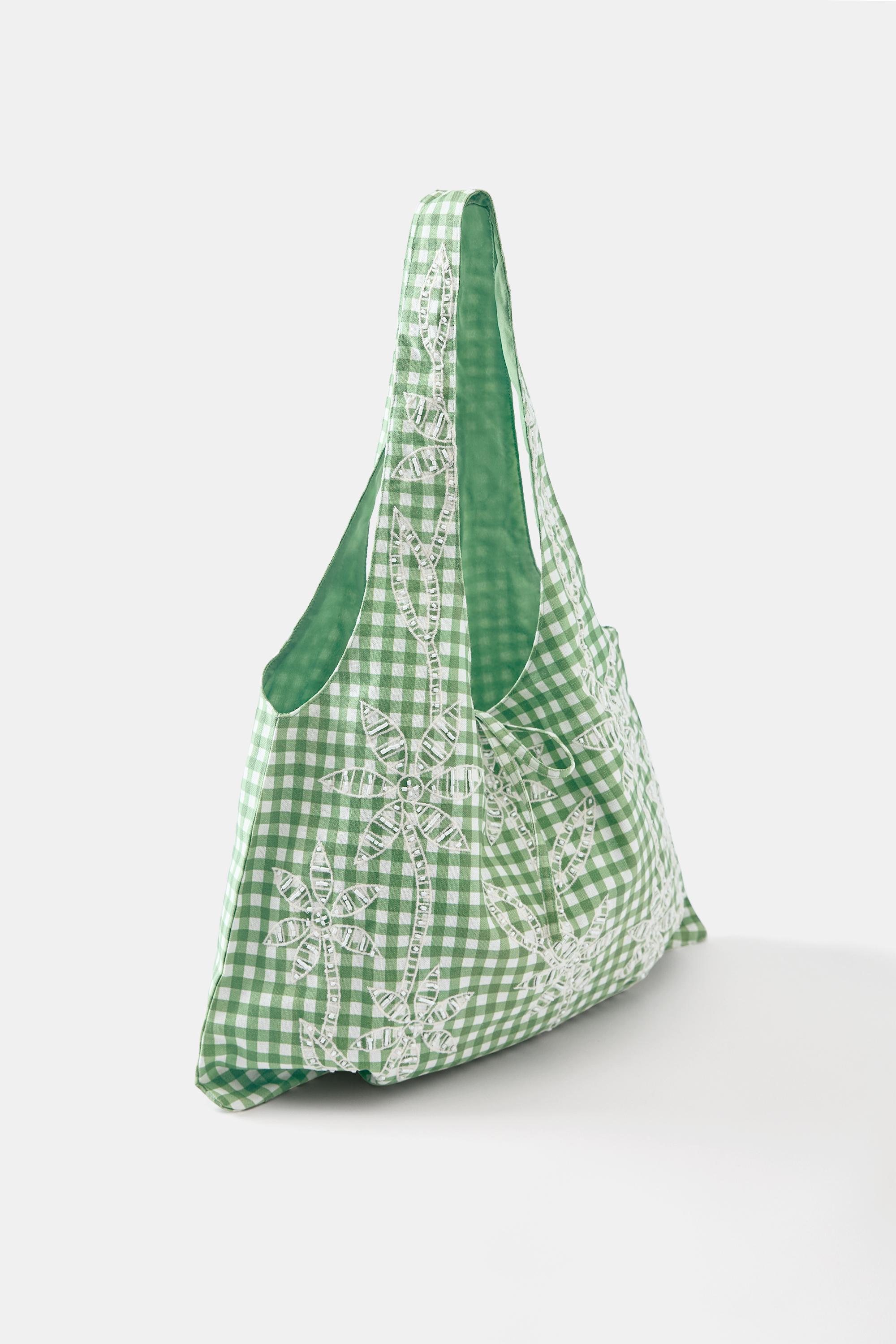 Palm tree gingham tote bag — Green