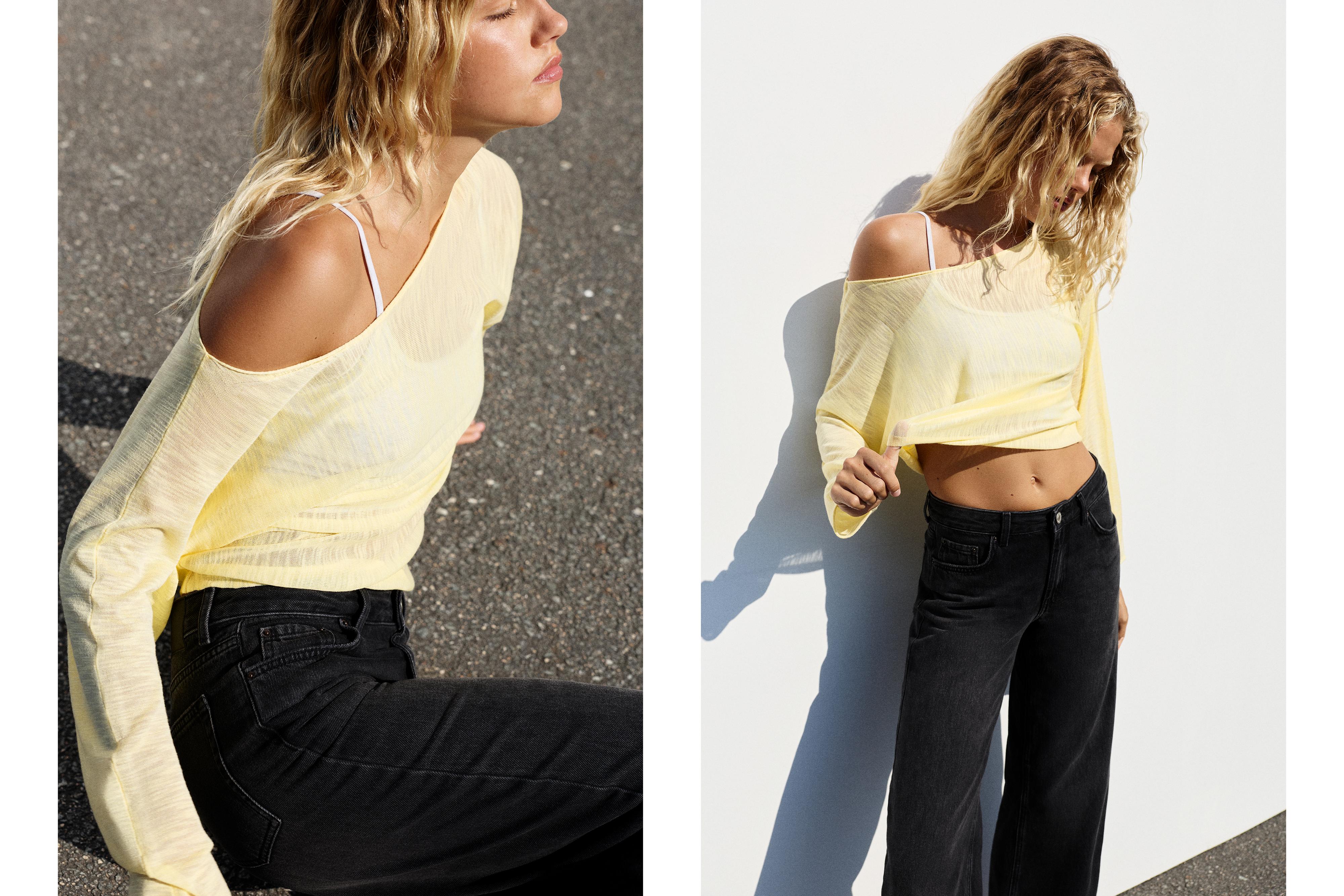 Fine knit asymmetric T-shirt — Yellow