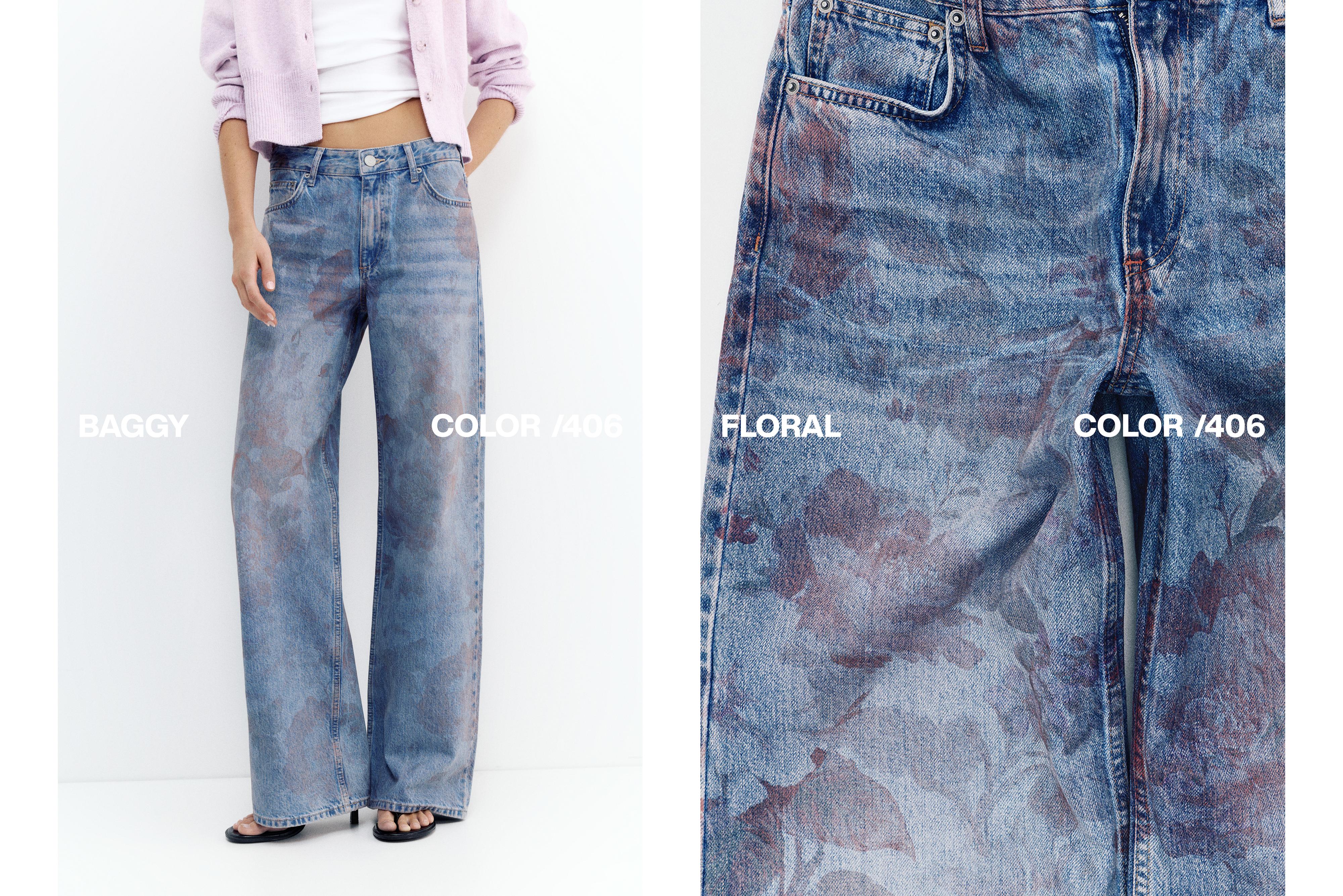 Floral baggy jeans — Medium blue