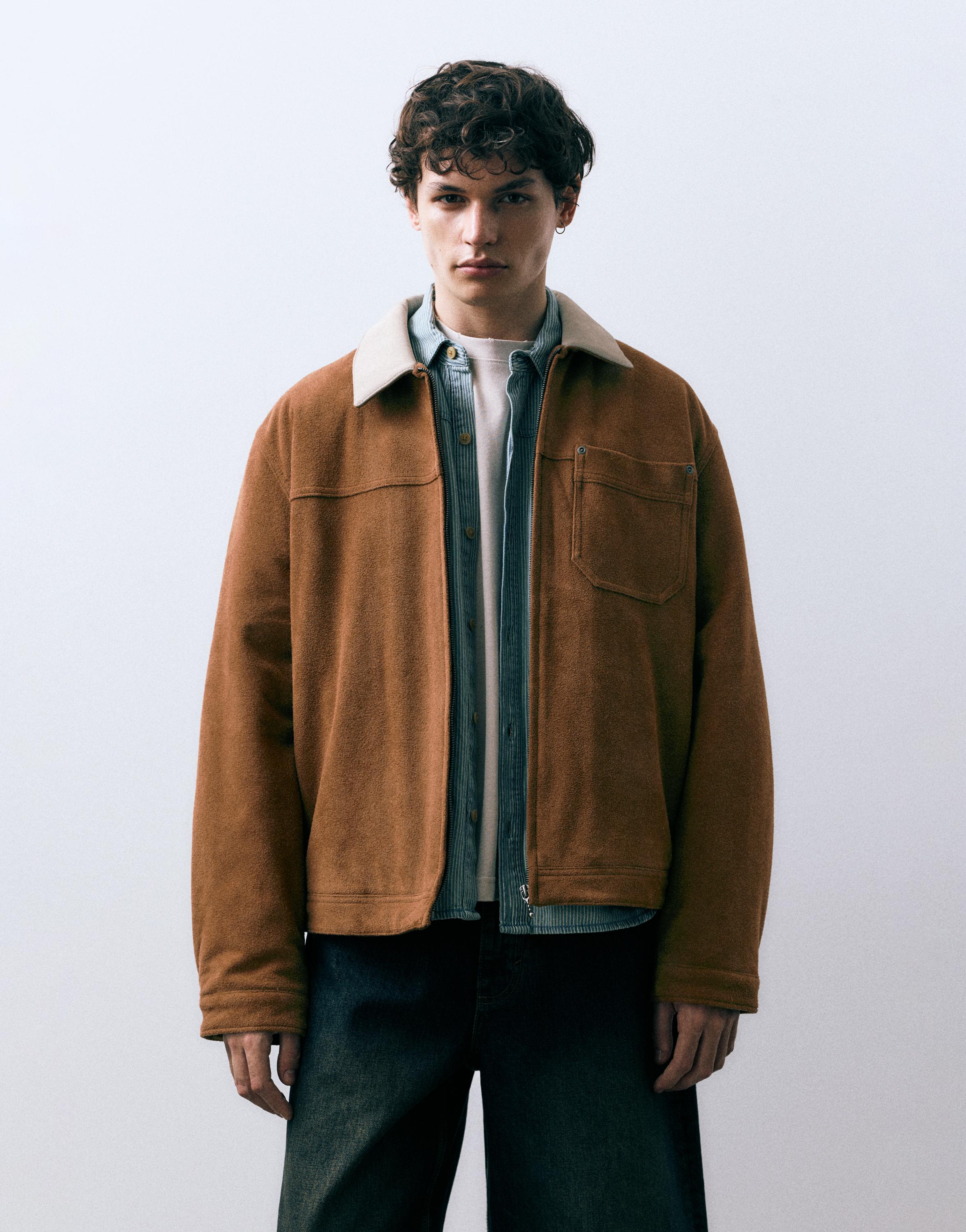 Kontrast yakalı suni süet ceket - Görsel 11