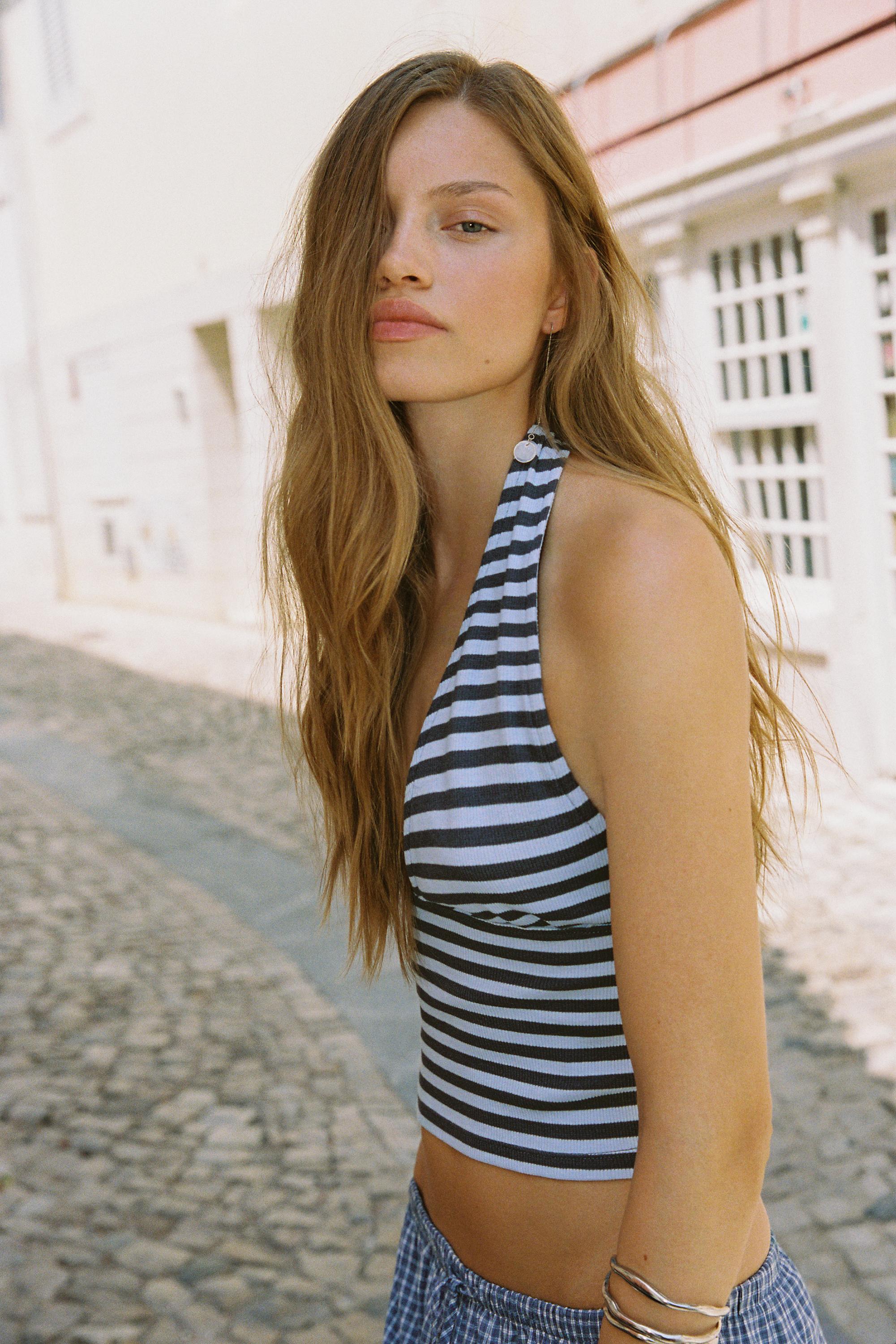 Striped halter top — Bluish grey