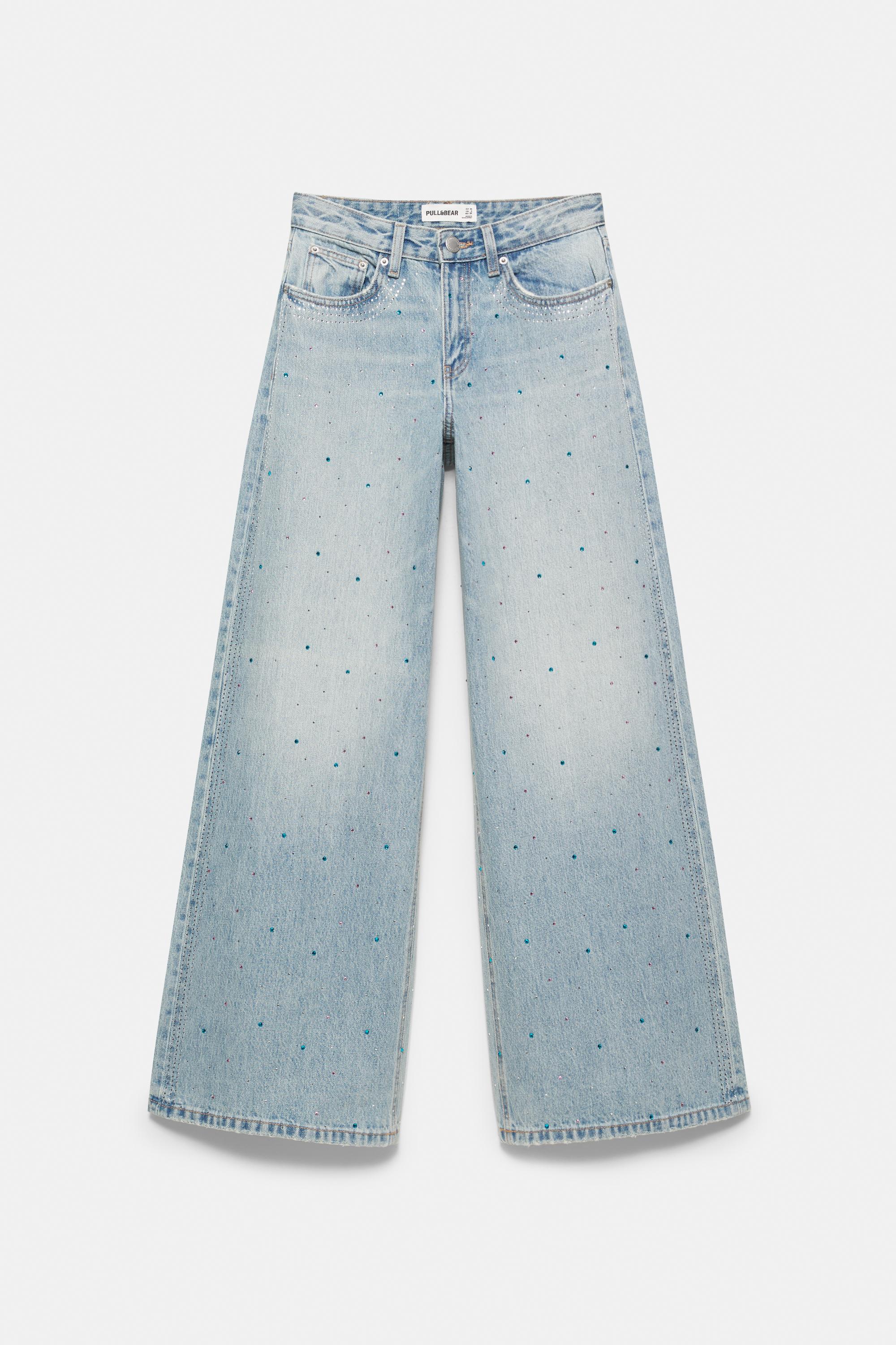 Rhinestone wide-leg jeans — Pale blue