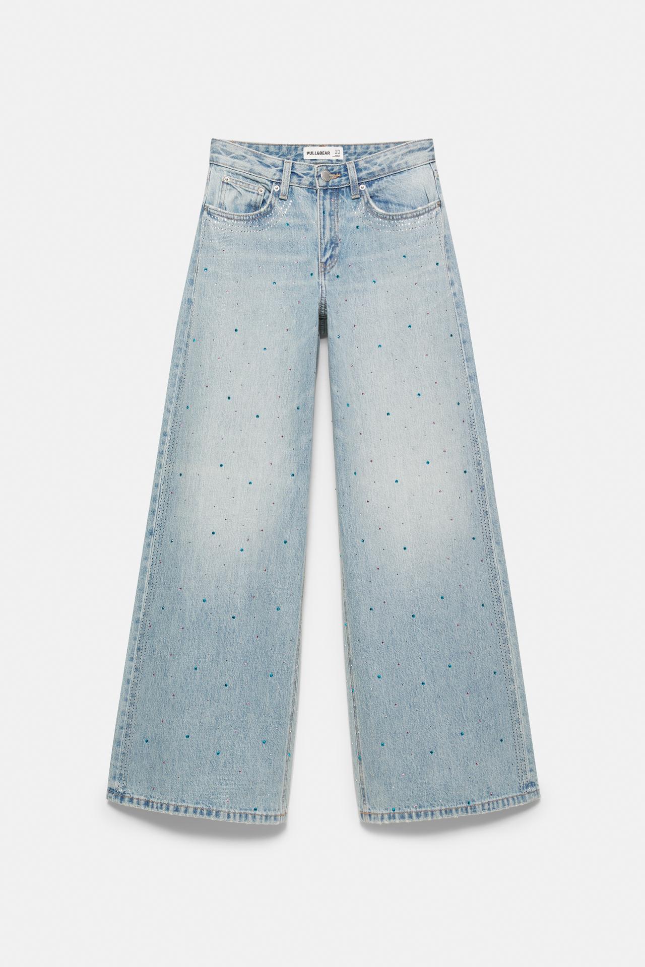 Rhinestone wide-leg jeans — Pale blue