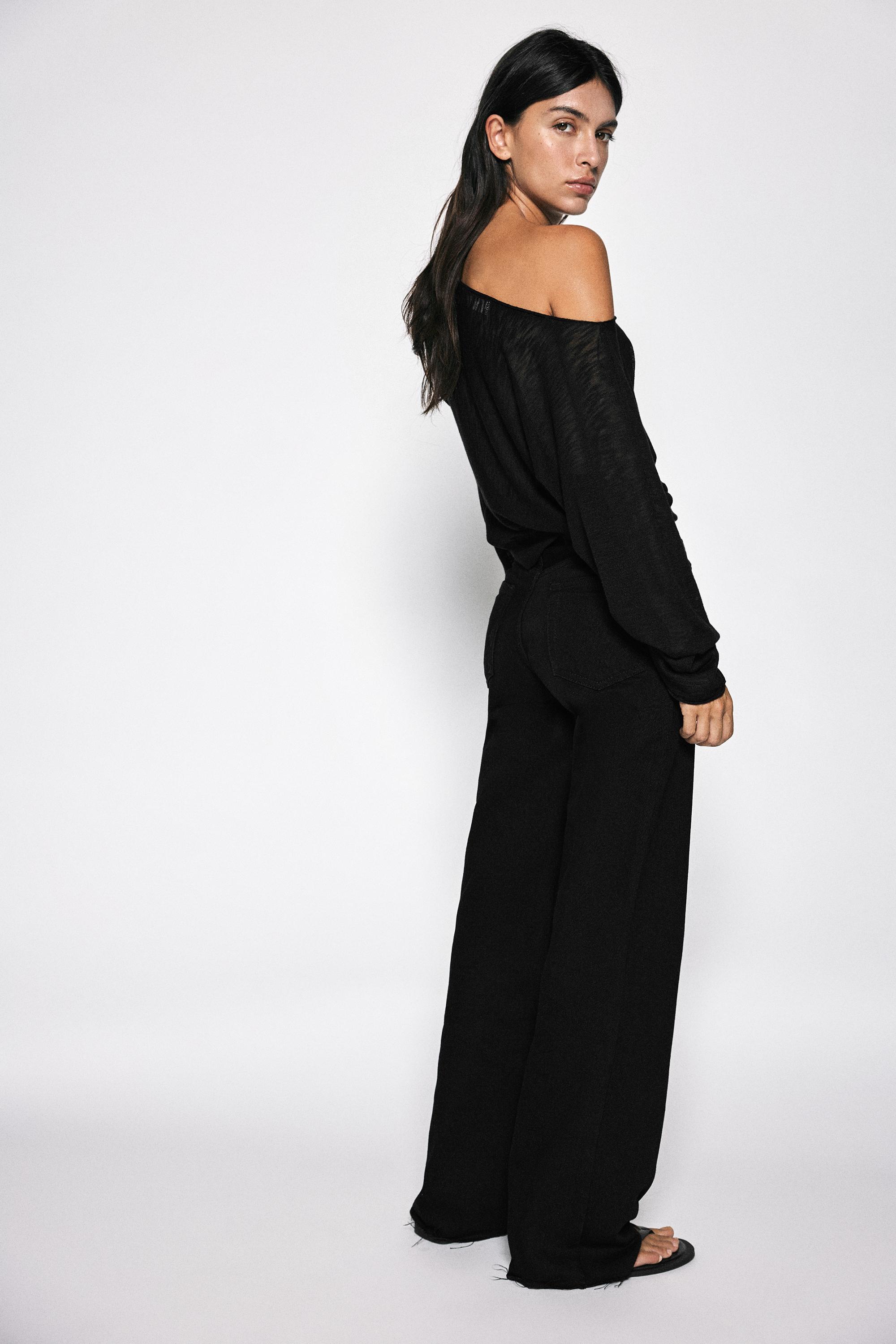 High-waist wide straight-leg jeans — Black marl