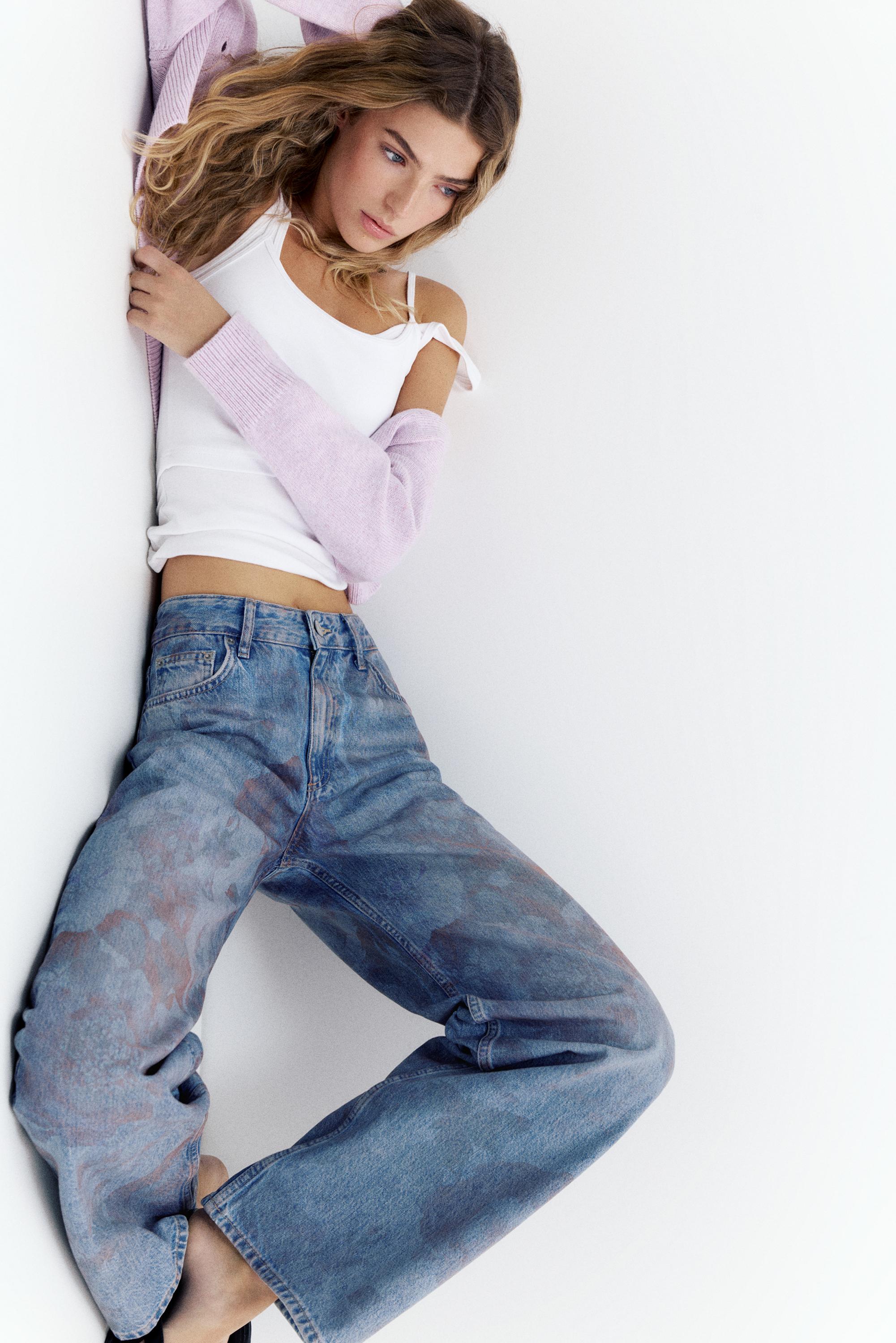 Floral baggy jeans — Medium blue