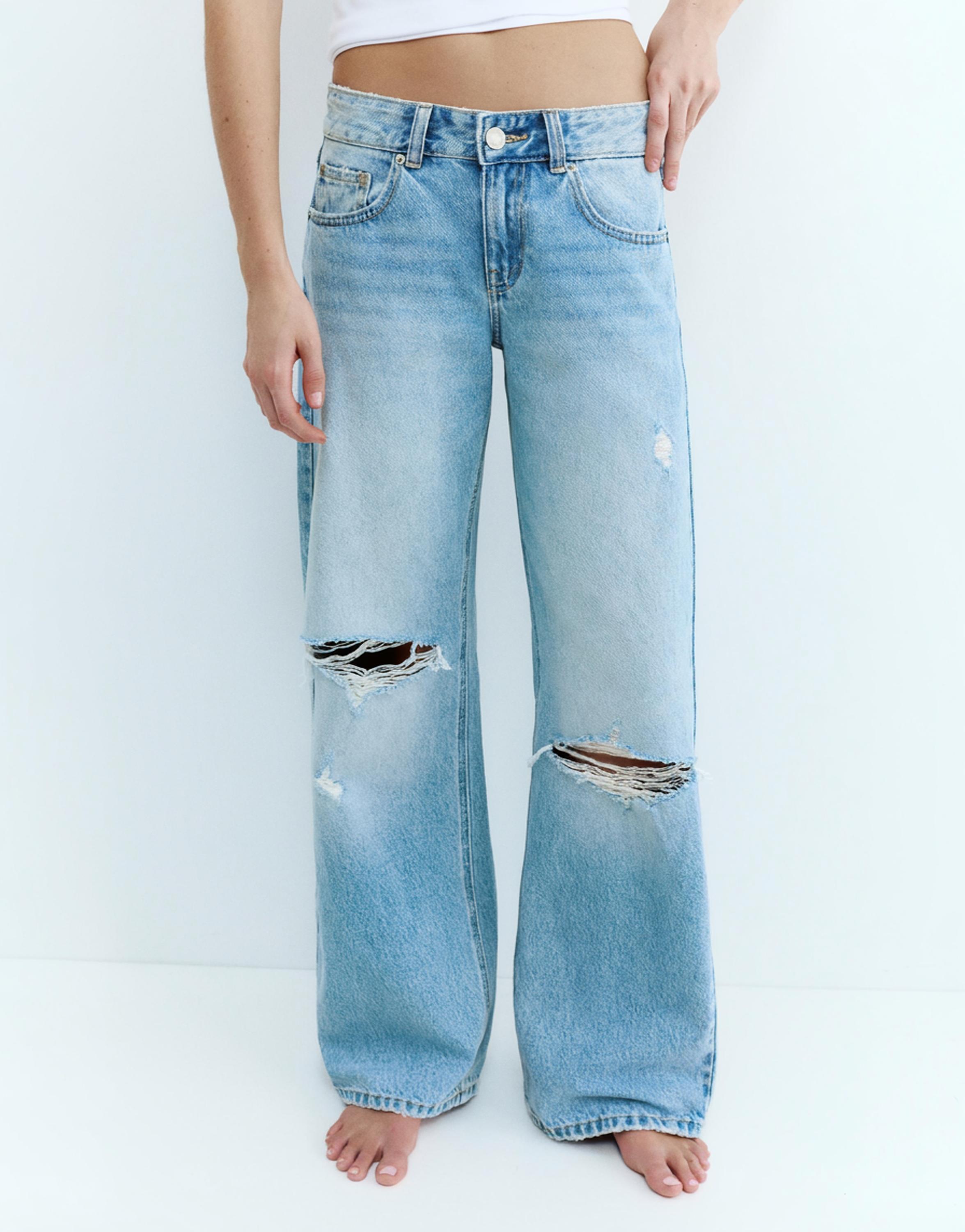 Düşük bel yırtık straight fit jean - Görsel 18