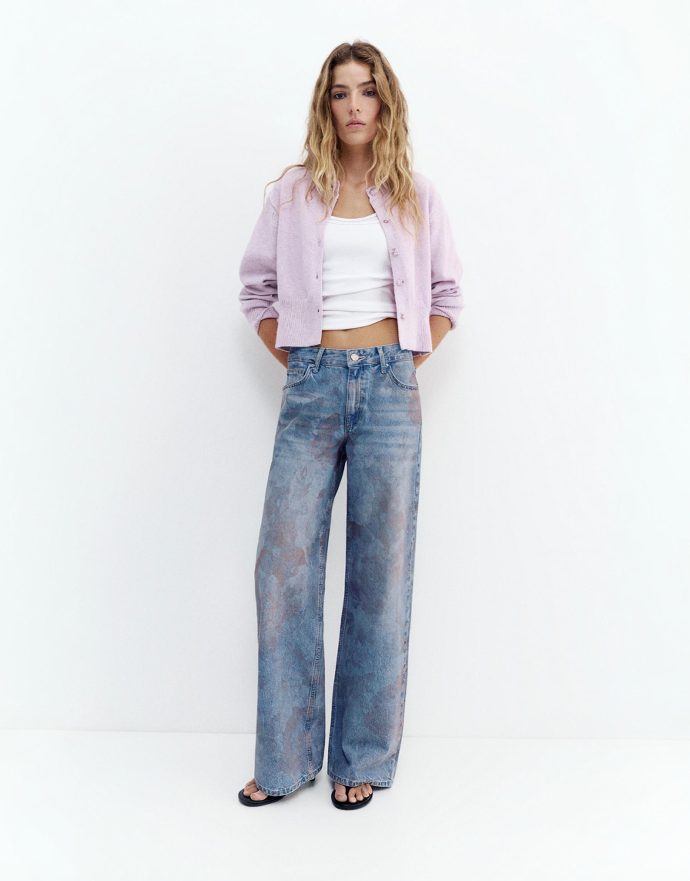 Floral baggy jeans — Medium blue