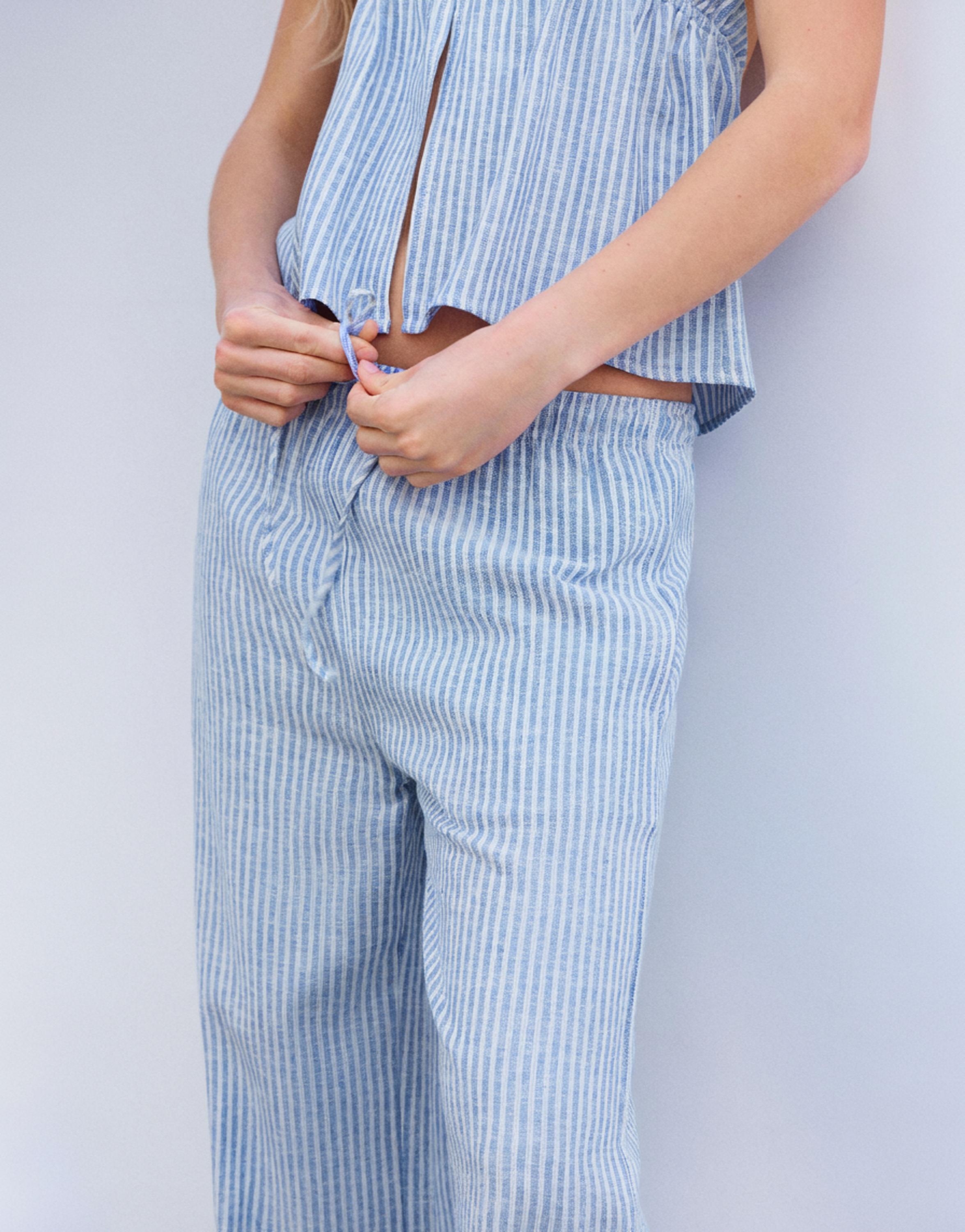 Striped pyjama-style trousers with linen — Blue
