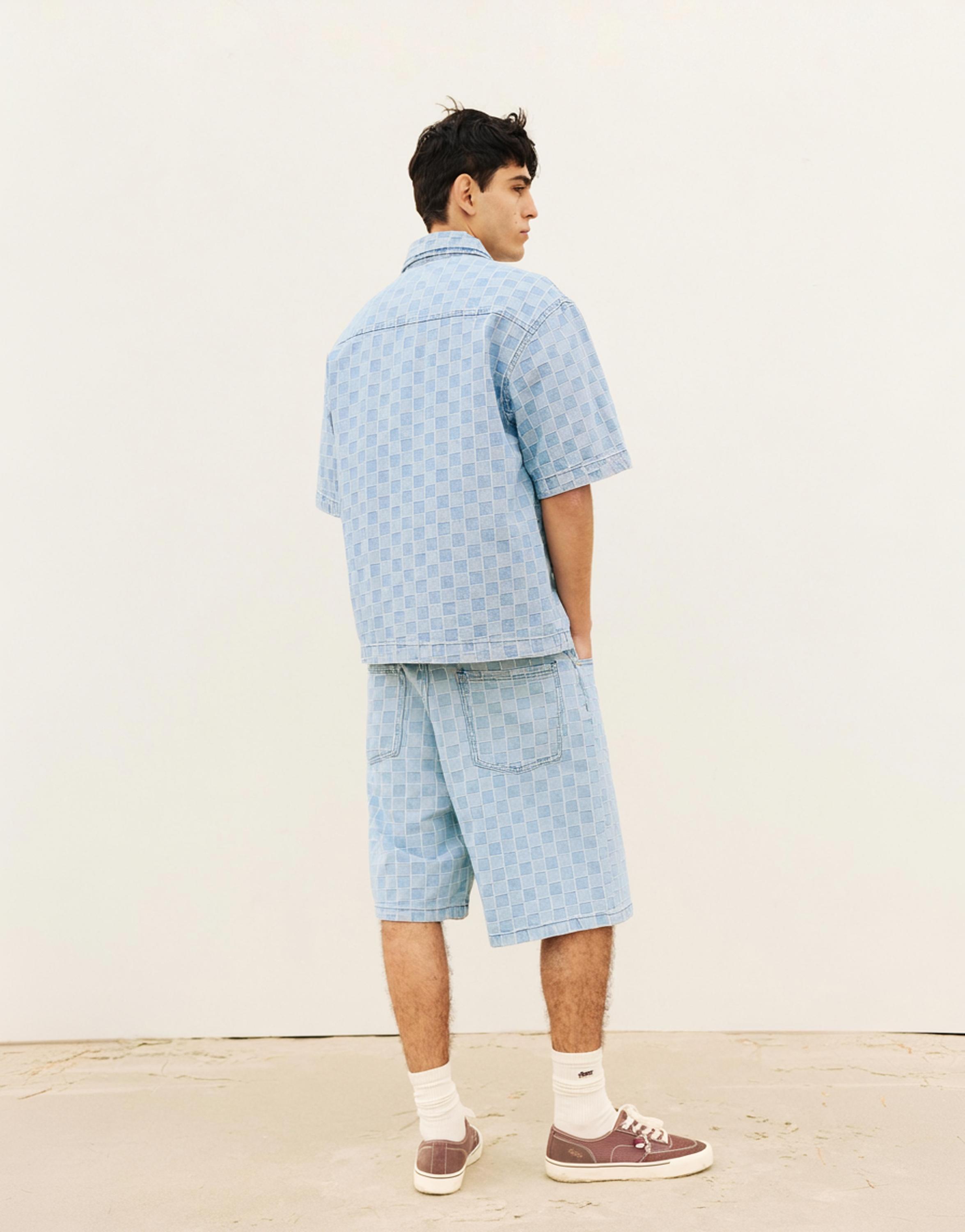 Check zip-up denim shirt — Medium blue