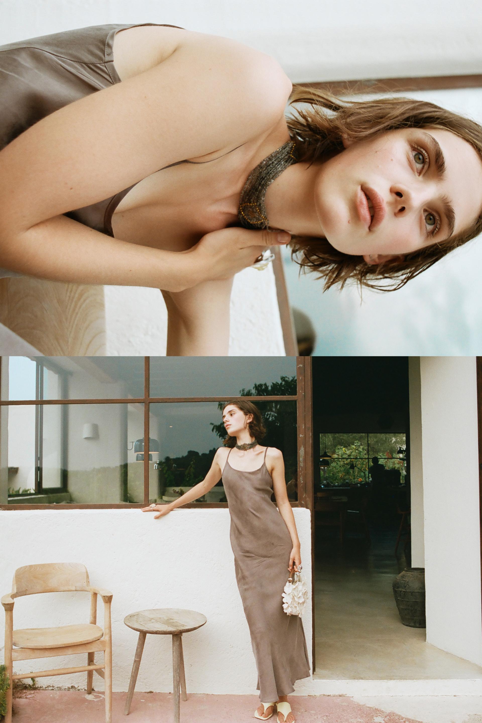 Satin midi dress — Mole brown