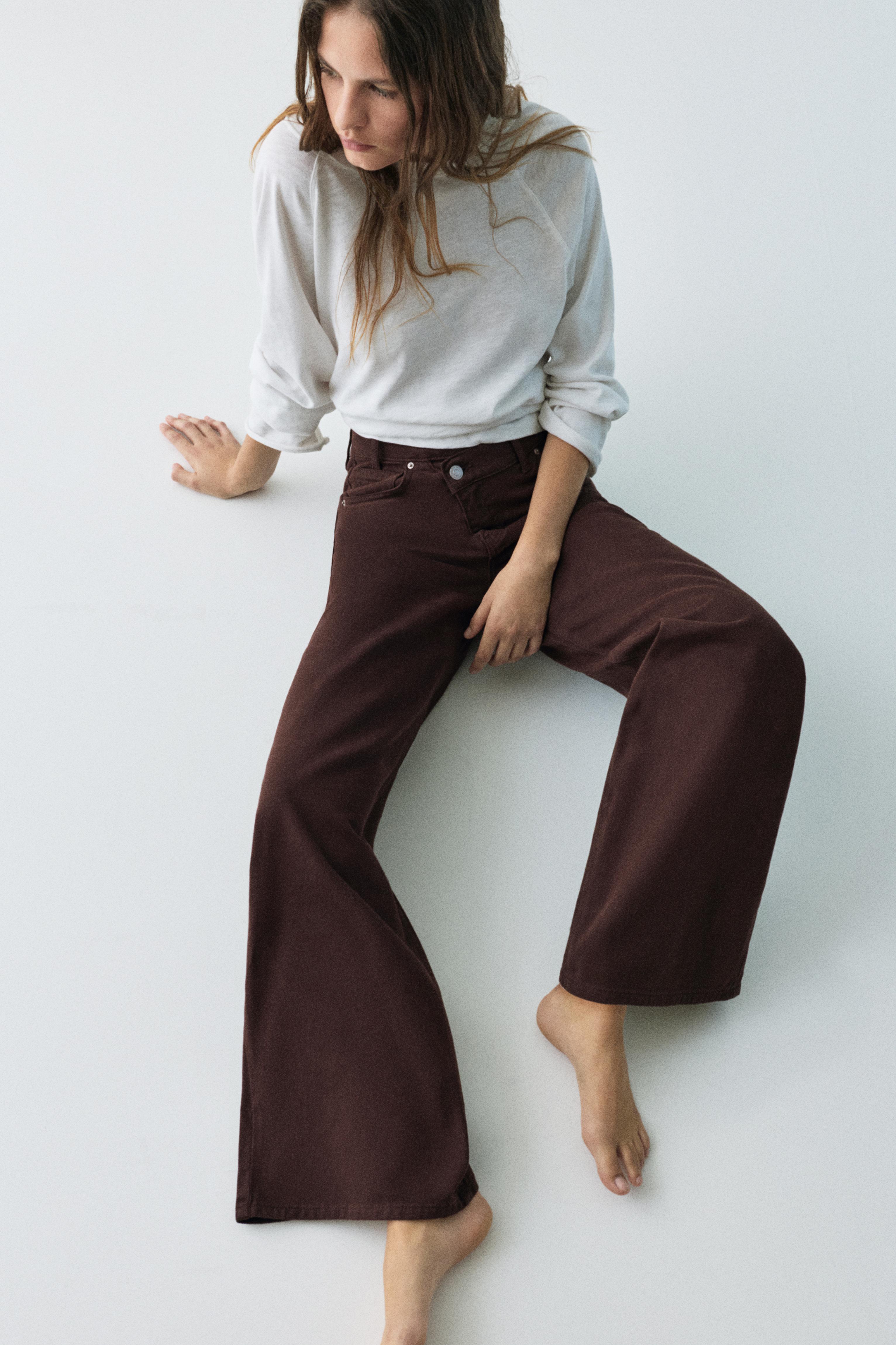 Wide leg jeans with crossover waistband — Brown