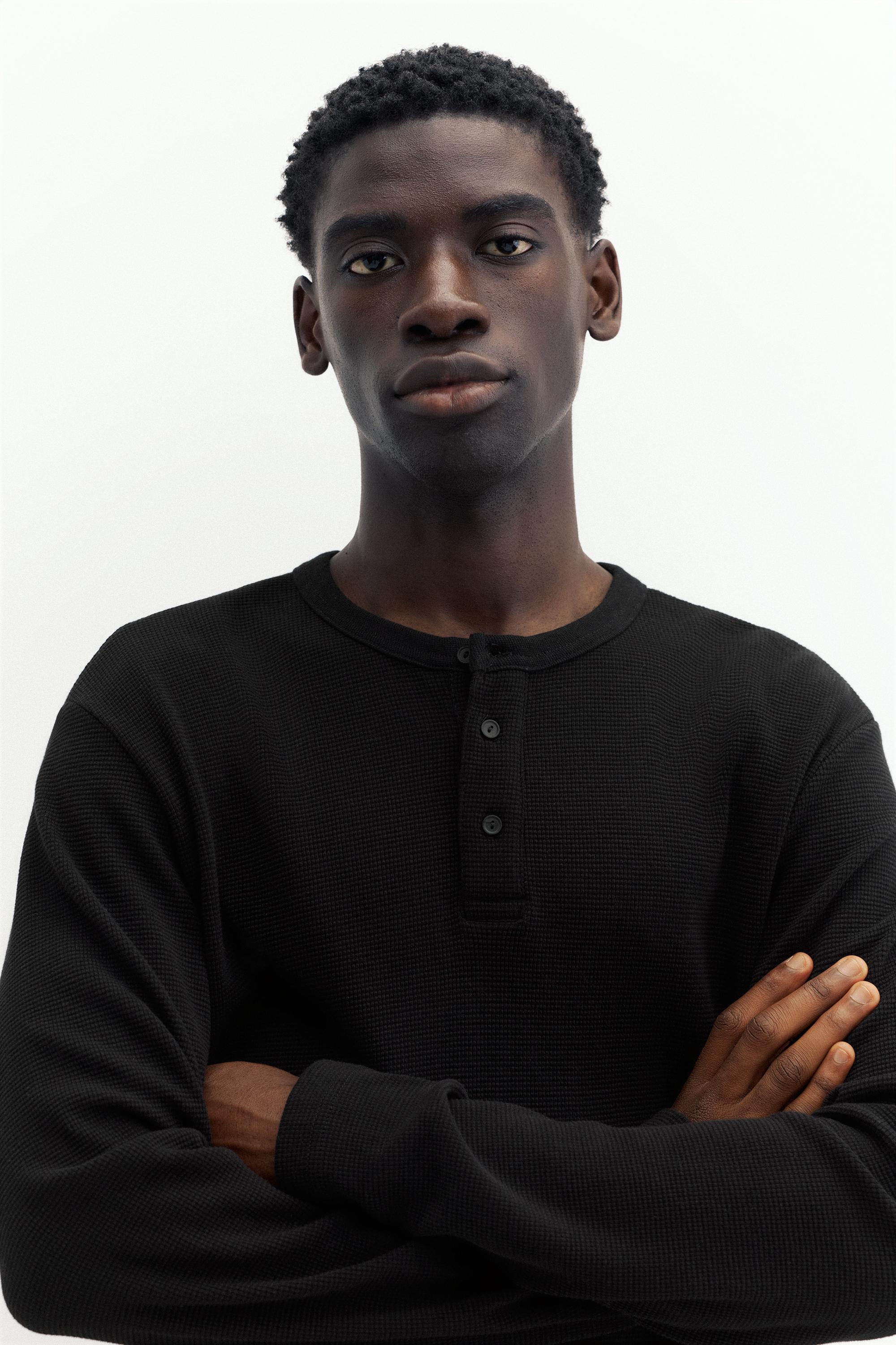 Waffle-knit long sleeve T-shirt — Black