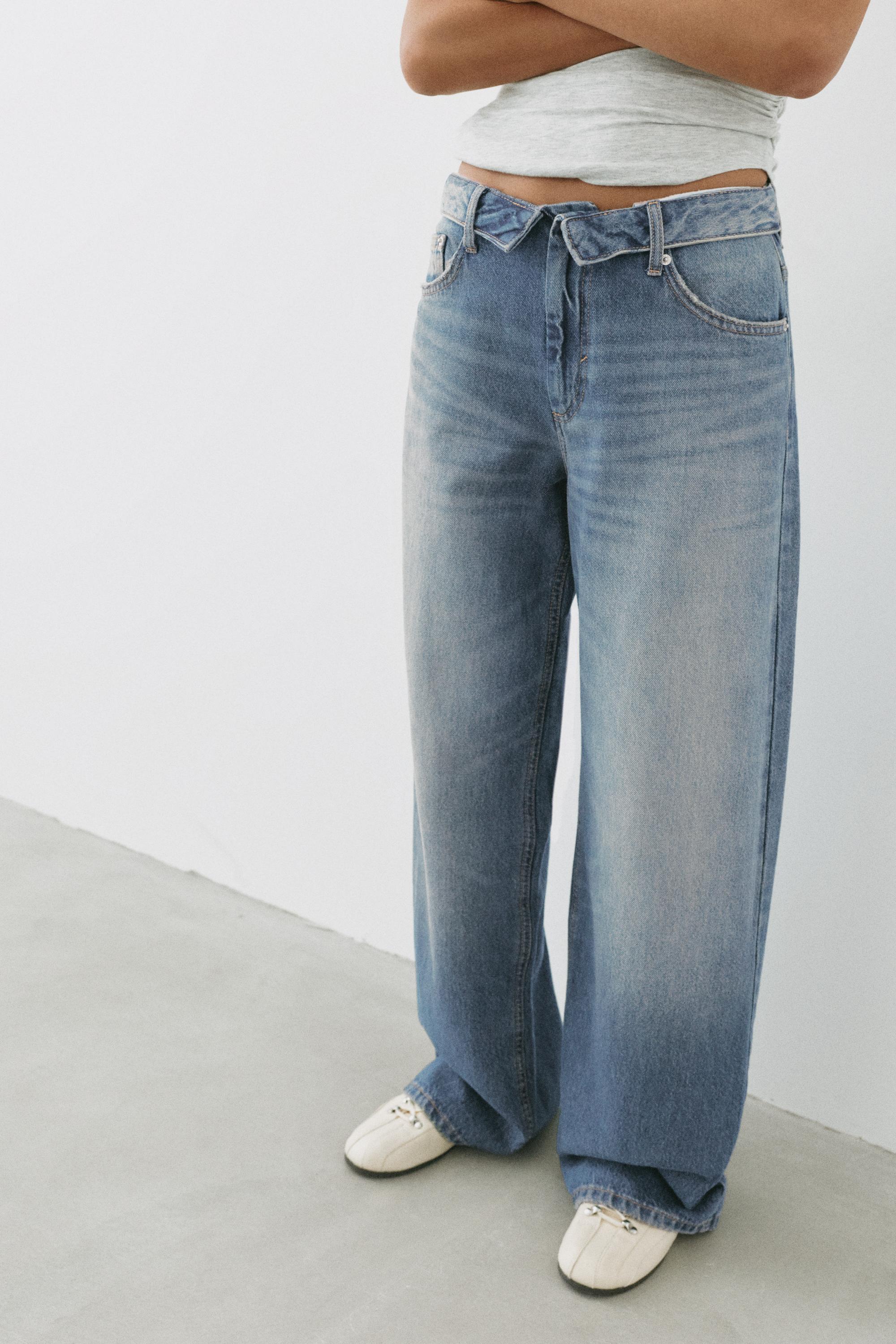 Relaxed baggy jeans with turn-up waist — Greenish blue