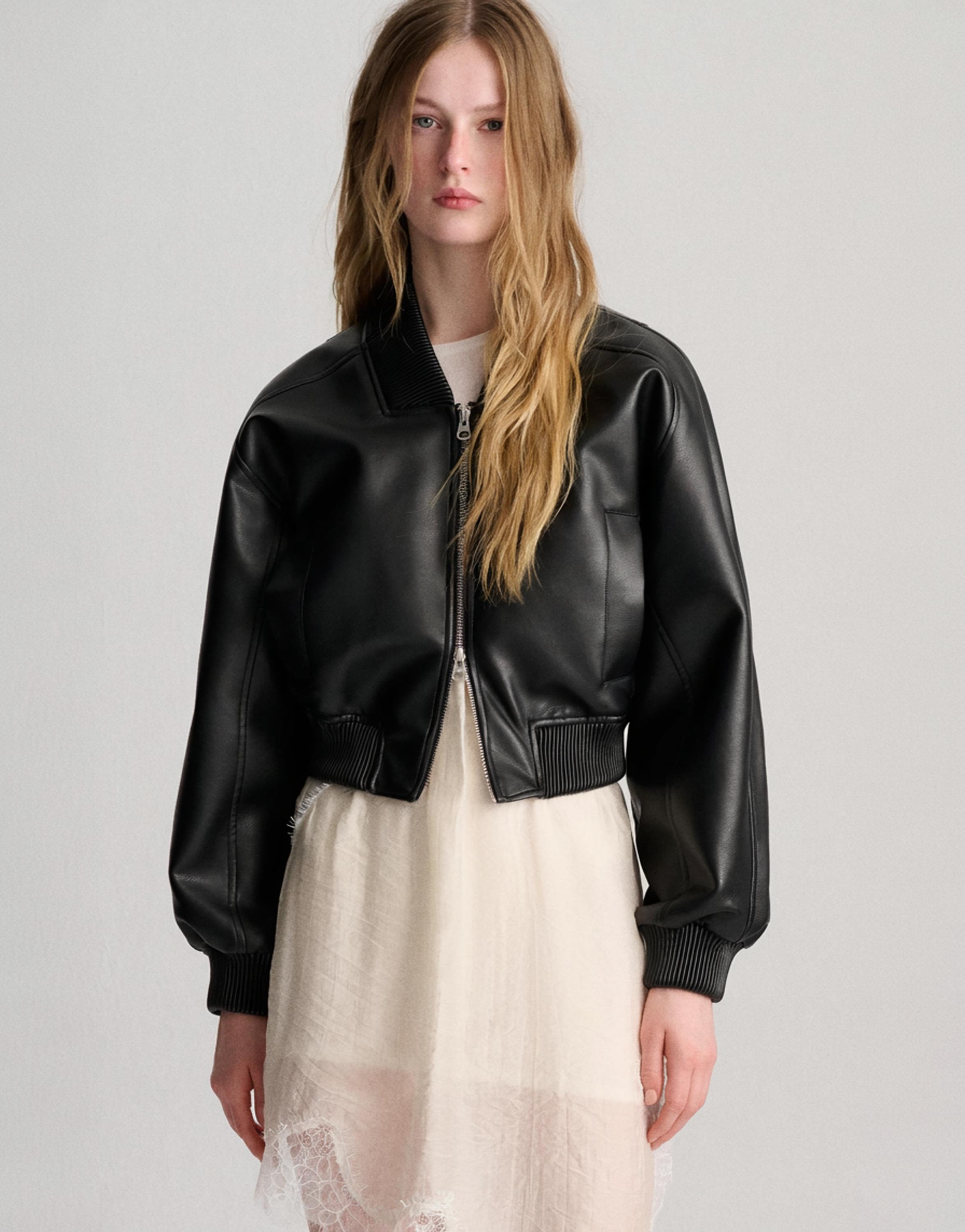 Faux leather bomber jacket — Black