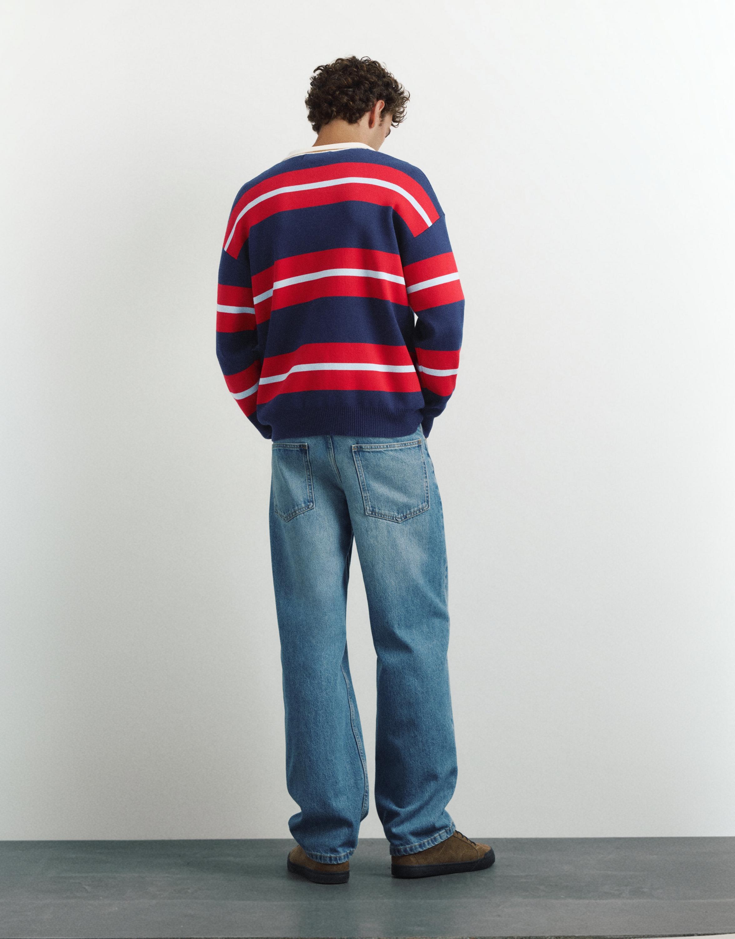 Striped knit polo shirt — Navy